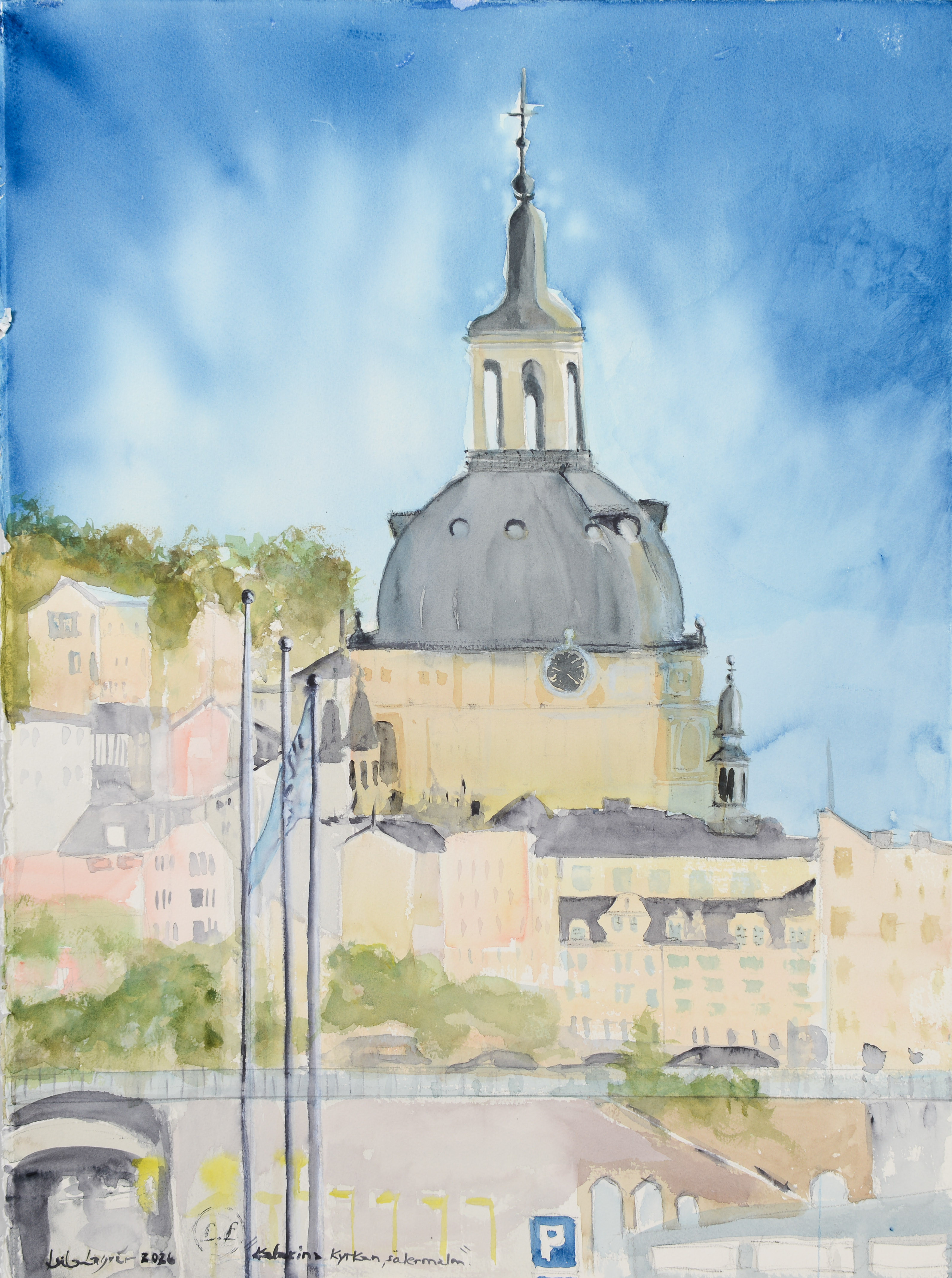 LEILA LAGRÉN. "Katarina Kyrka", akvarell på papper, signerad samt daterad 2026.