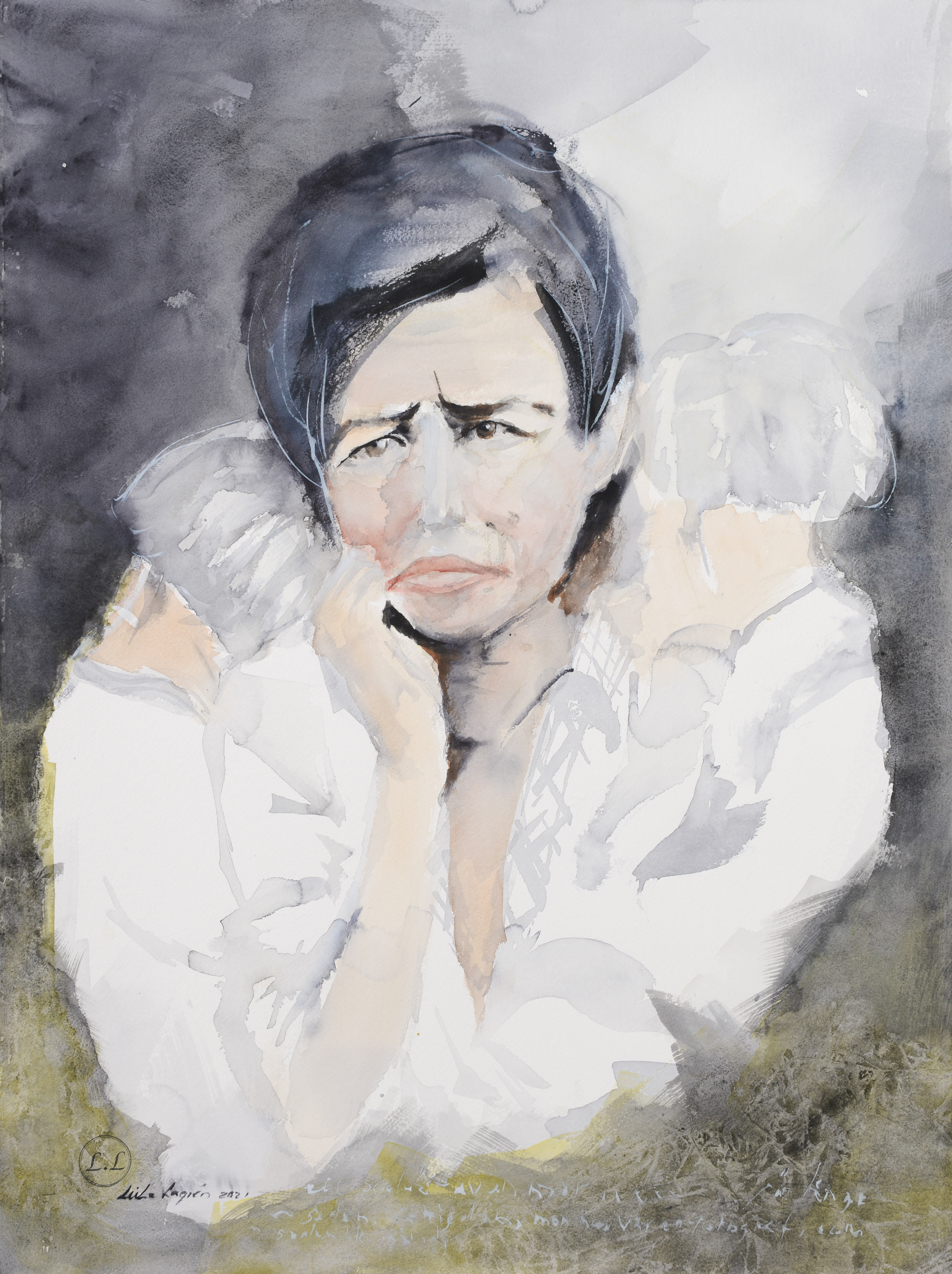 "Migrant Mother, efter fotografi av Dorothea Lange", akvarell på papper, signerad samt daterad 2026.