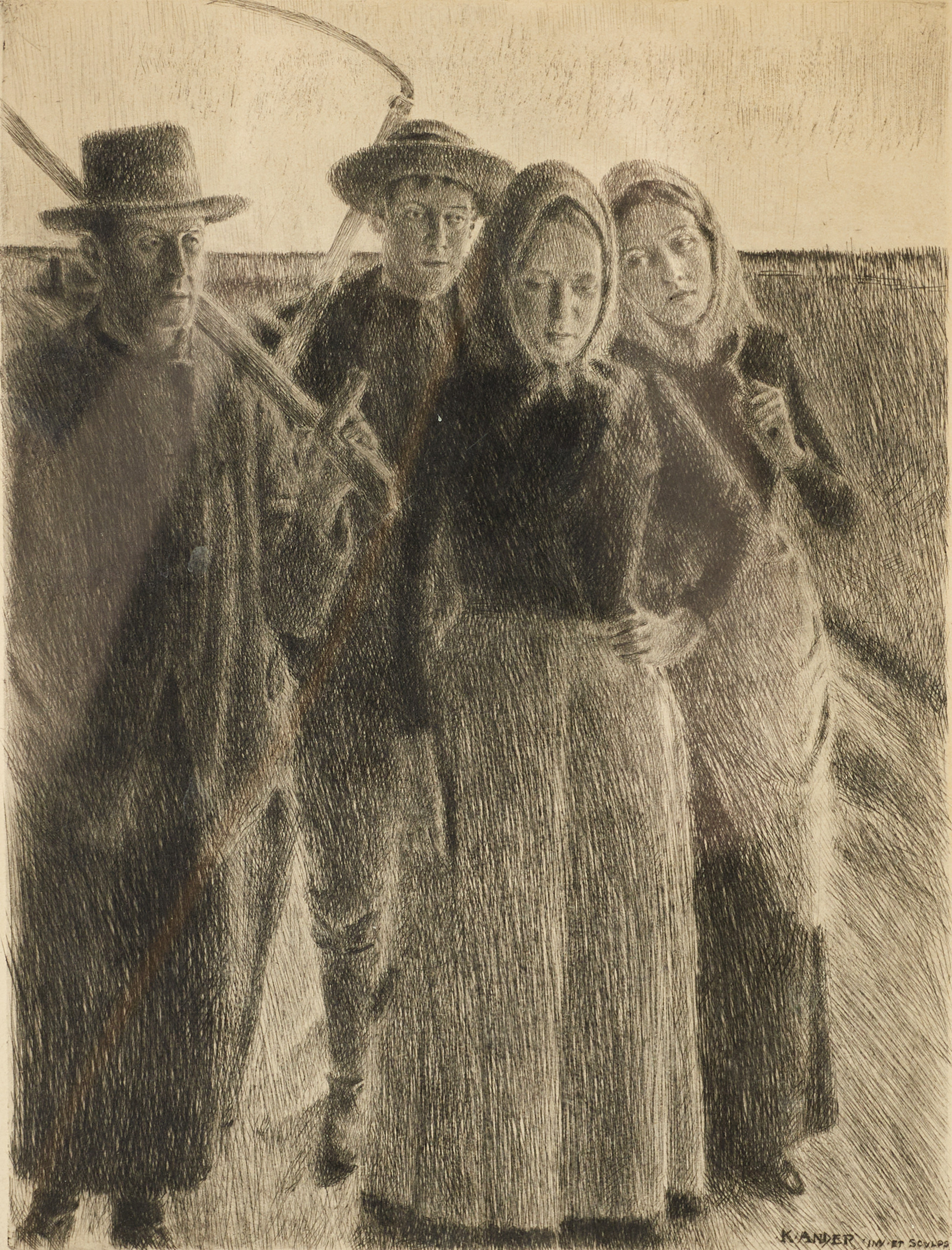 KNUT ANDER (1934-2021). "Skördefolk", signerad. Torrnål.
