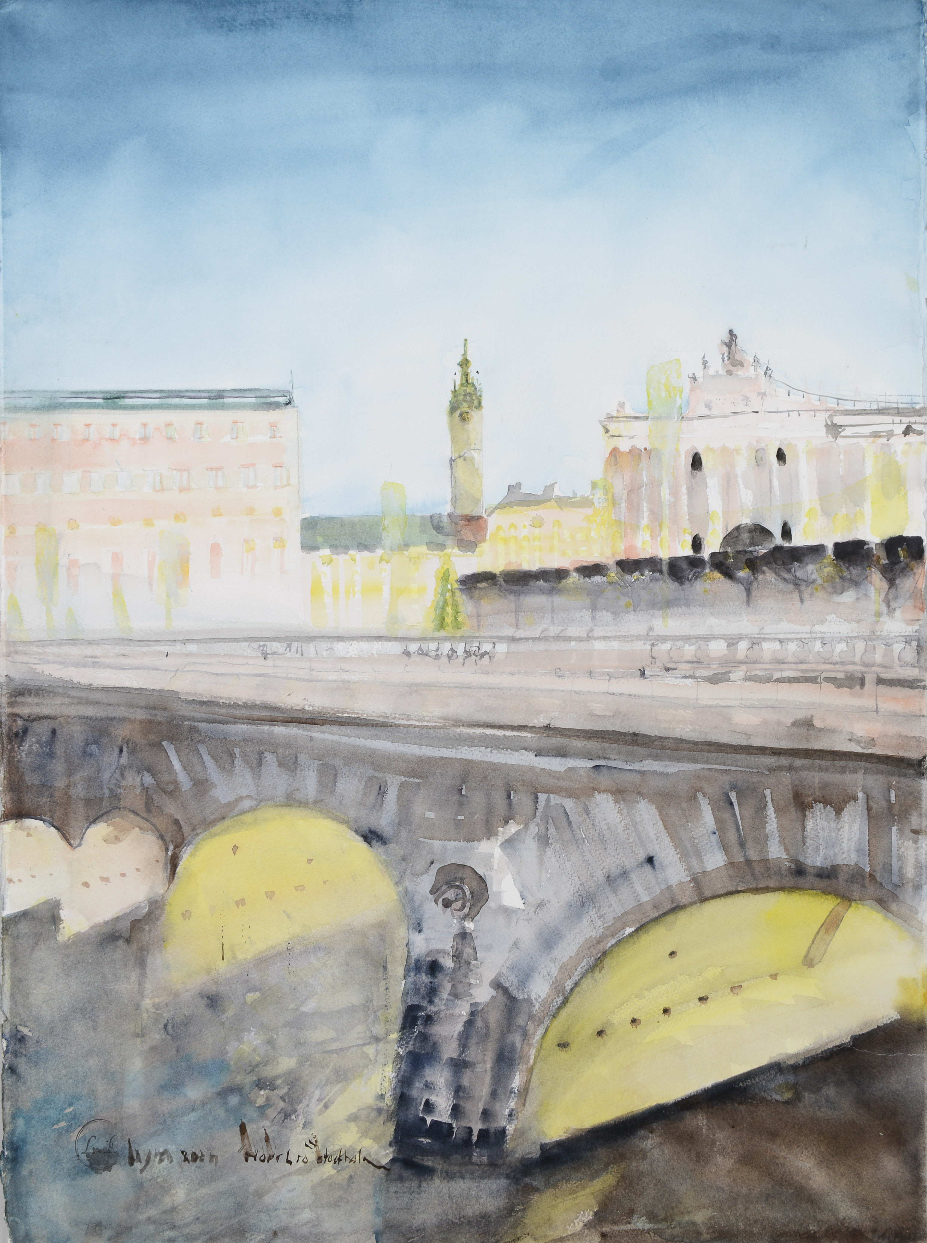 LEILA LAGRÉN. "Norrbron, Stockholm", akvarell på papper, signerad samt daterad 2024.