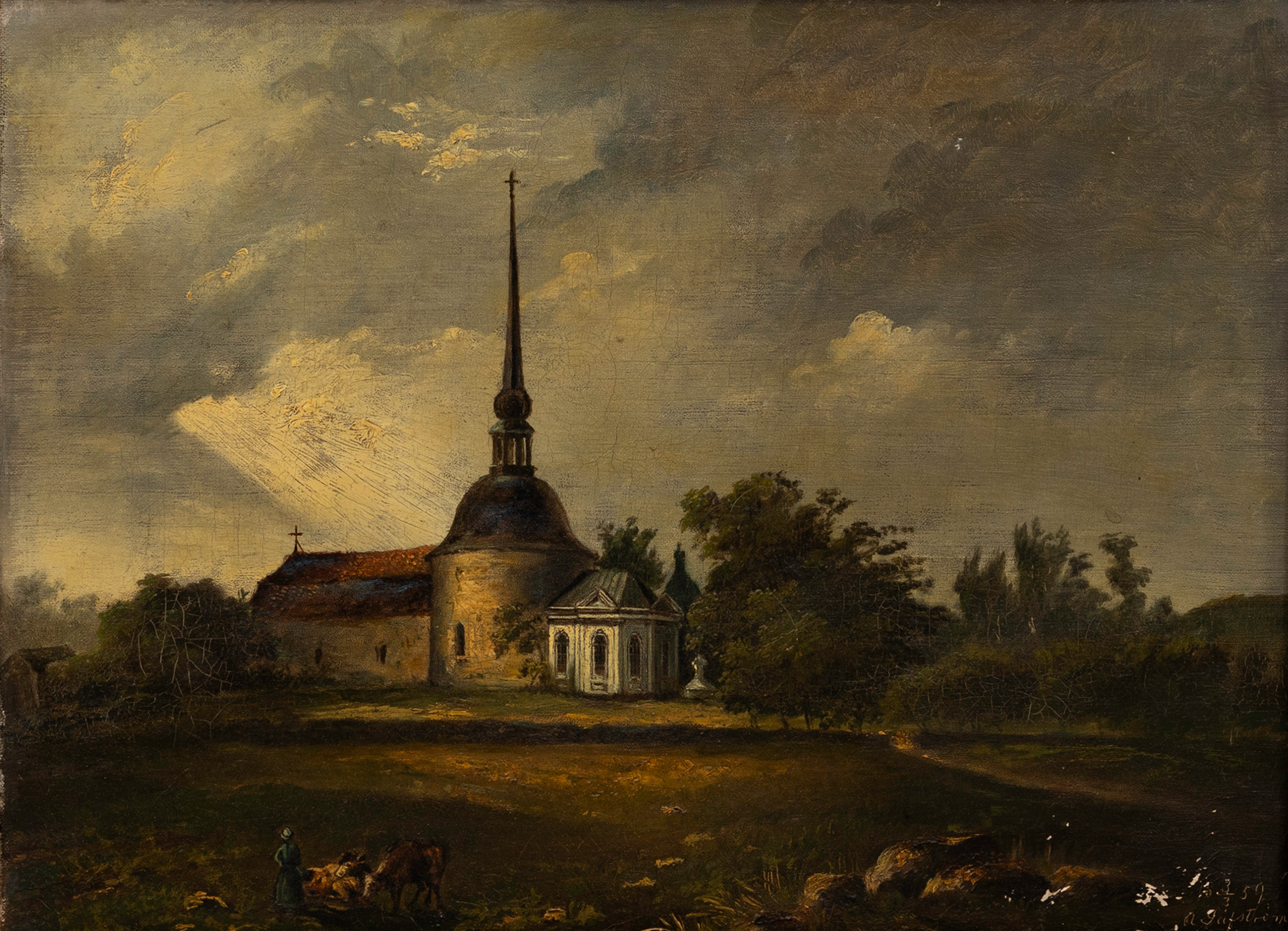 OIDENTIFIERAD KONSTNÄR. Bromma Kyrka, olja på duk, bär signatur, daterad, Säfström, 3/3, 1859.