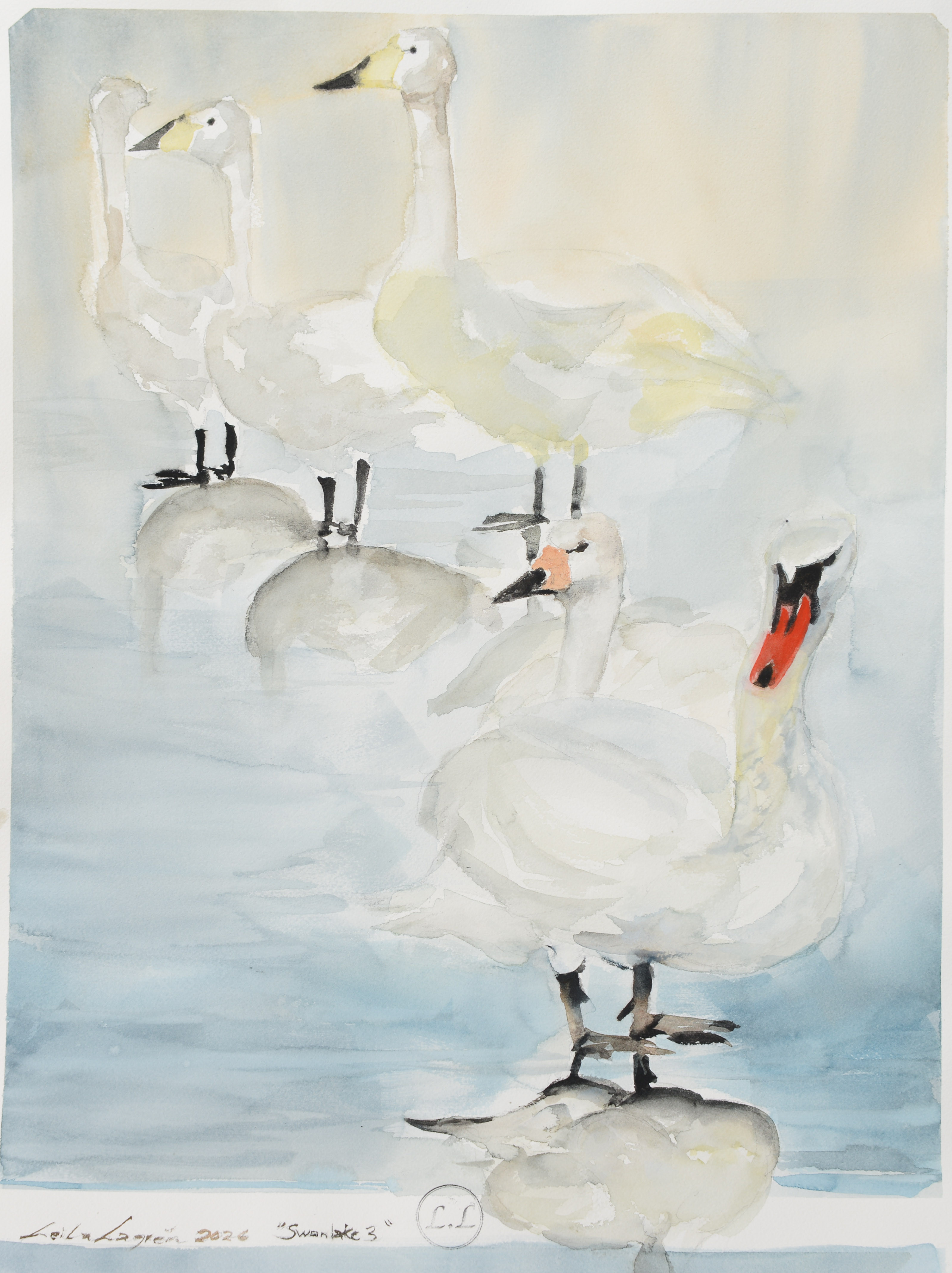 LEILA LAGRÉN. "Swanlake 3", akvarell på papper, signerad samt daterad 2026.