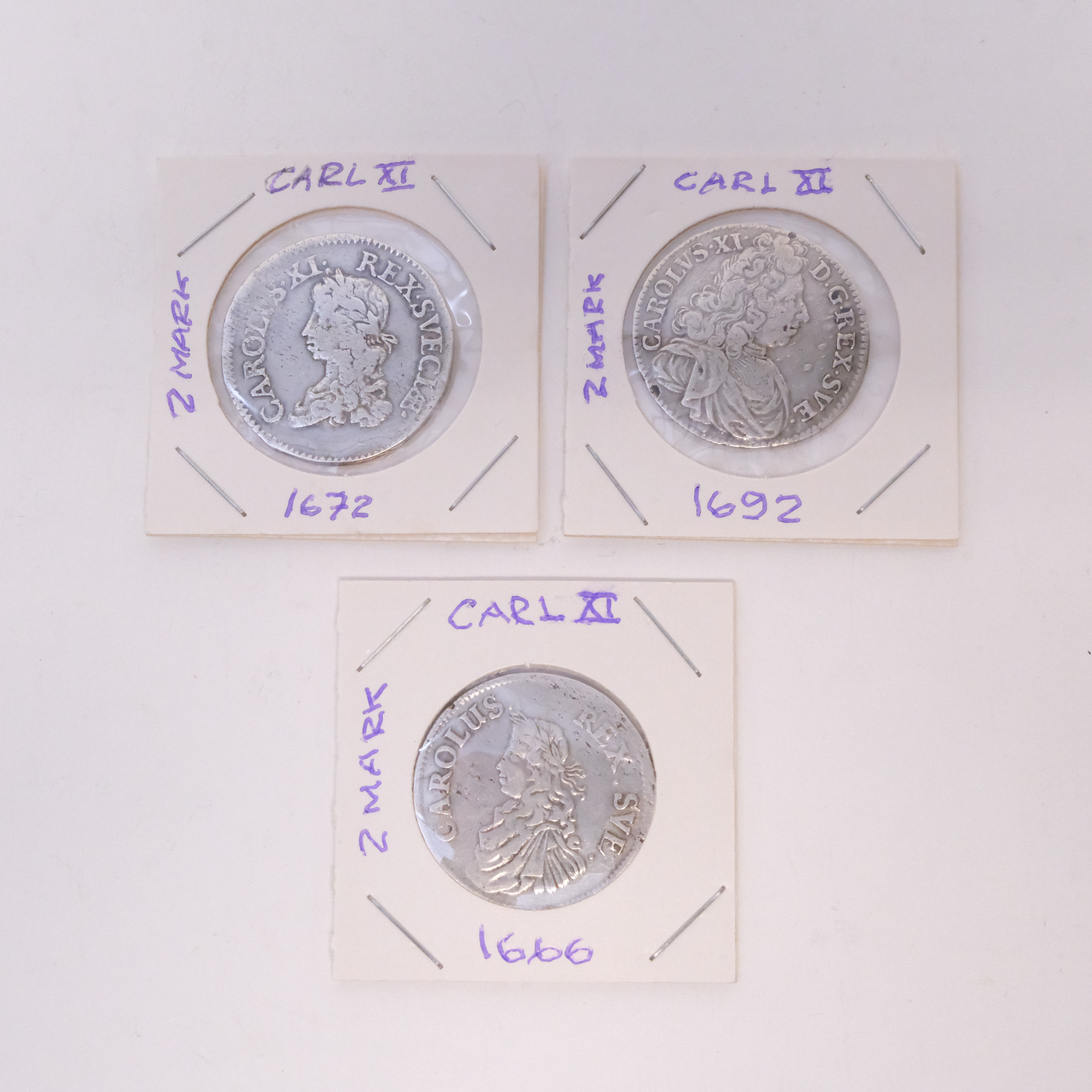 TRE MYNT, 2 MARK, SILVERMYNT, KARL XI, 1666, 1672 OCH 1692.