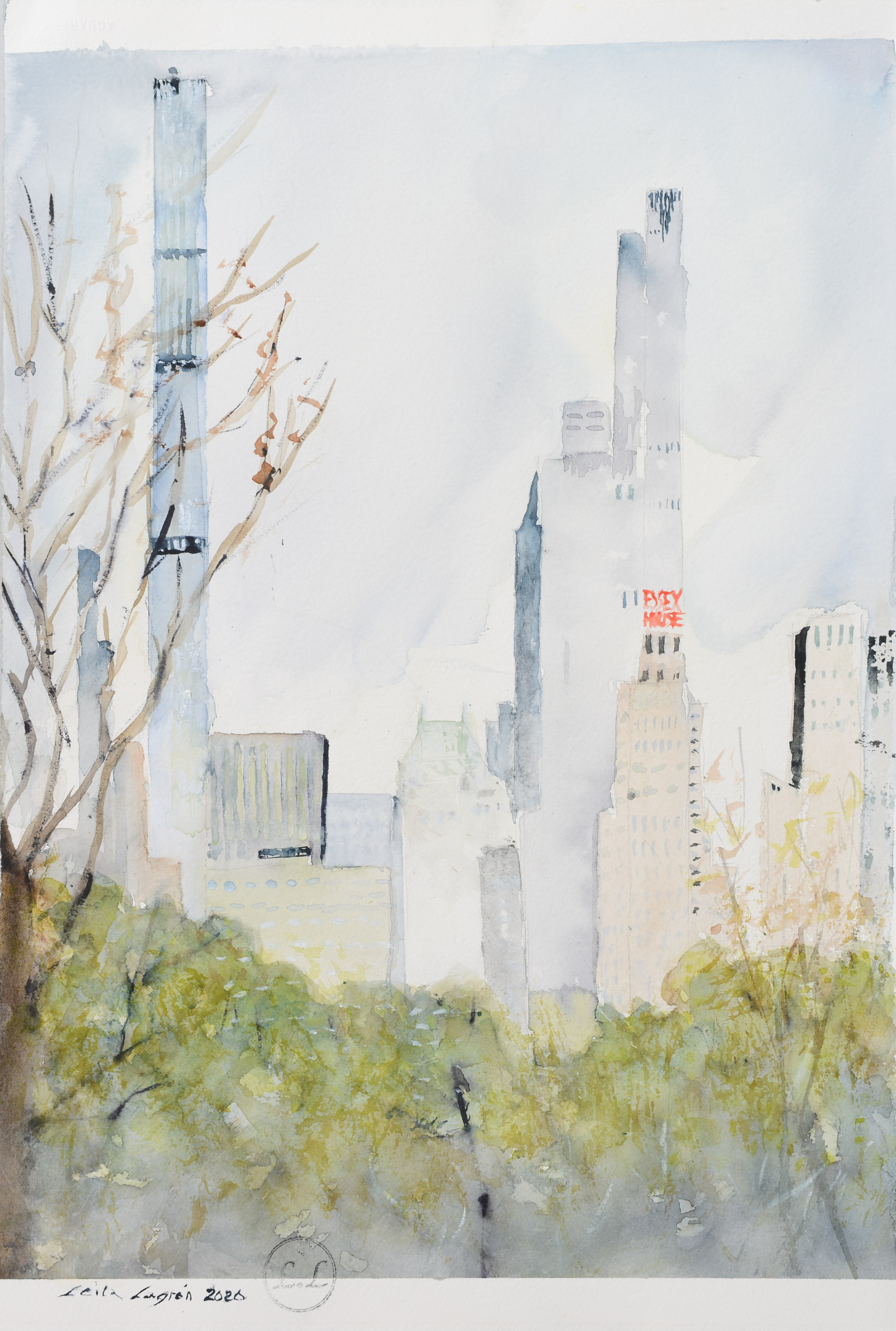 LEILA LAGRÉN. "New York, från Central Park", akvarell på papper, signerad samt daterad 2026.