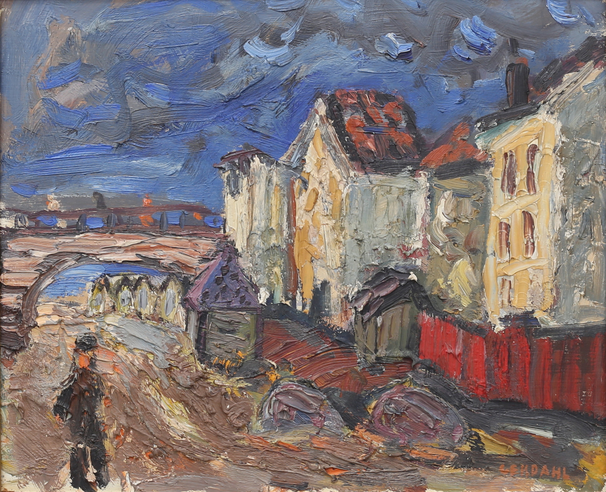 GUNNAR EKDAHL. "Stadsmotiv, Stockholm", olja på pannå, signerad.