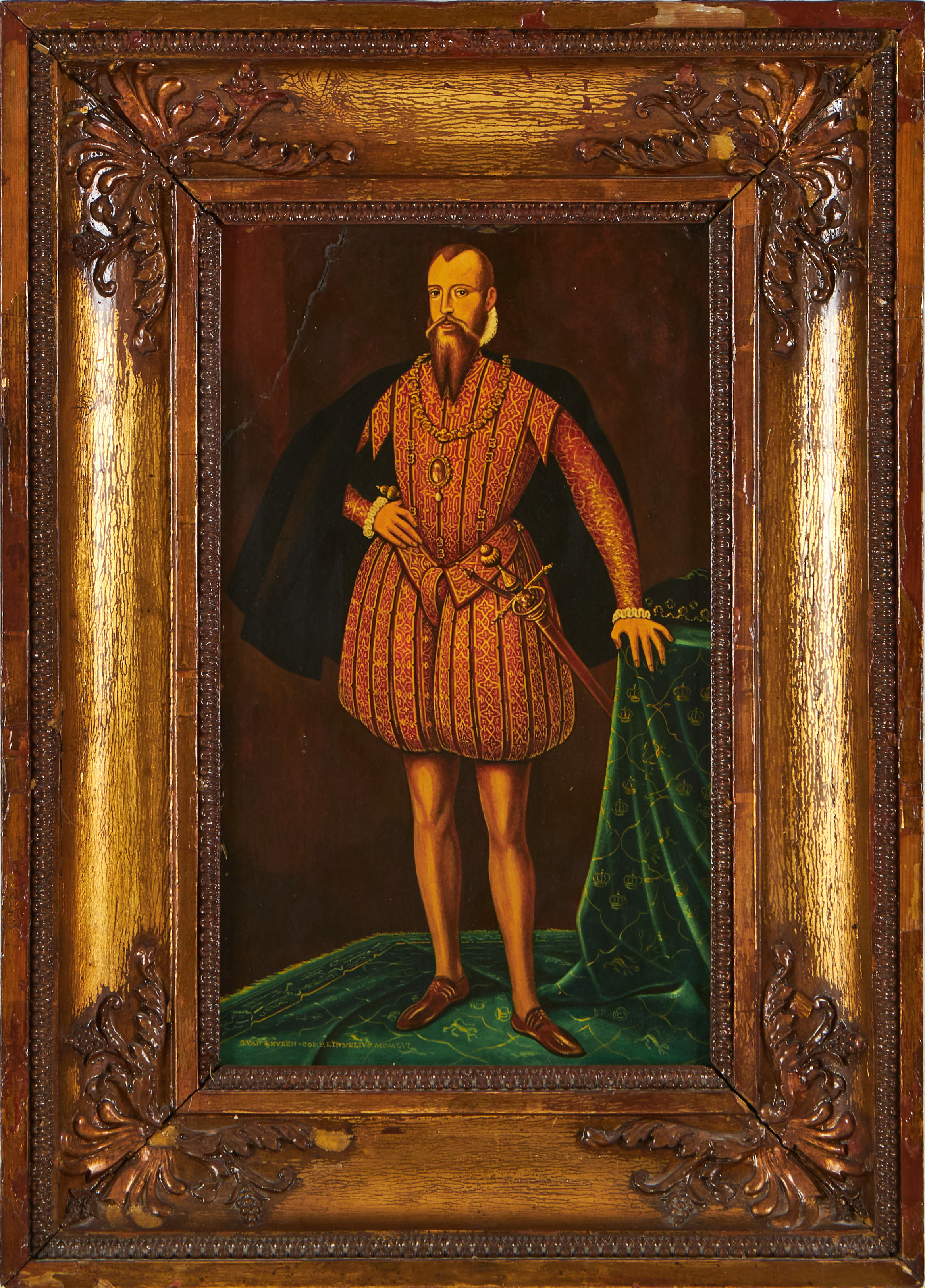 FINGAL RINNELIUS, porträtt av Erik XIV, kopia efter Van Meulen, utförd 1956, oljemålning på papp. Signerad och daterad.
