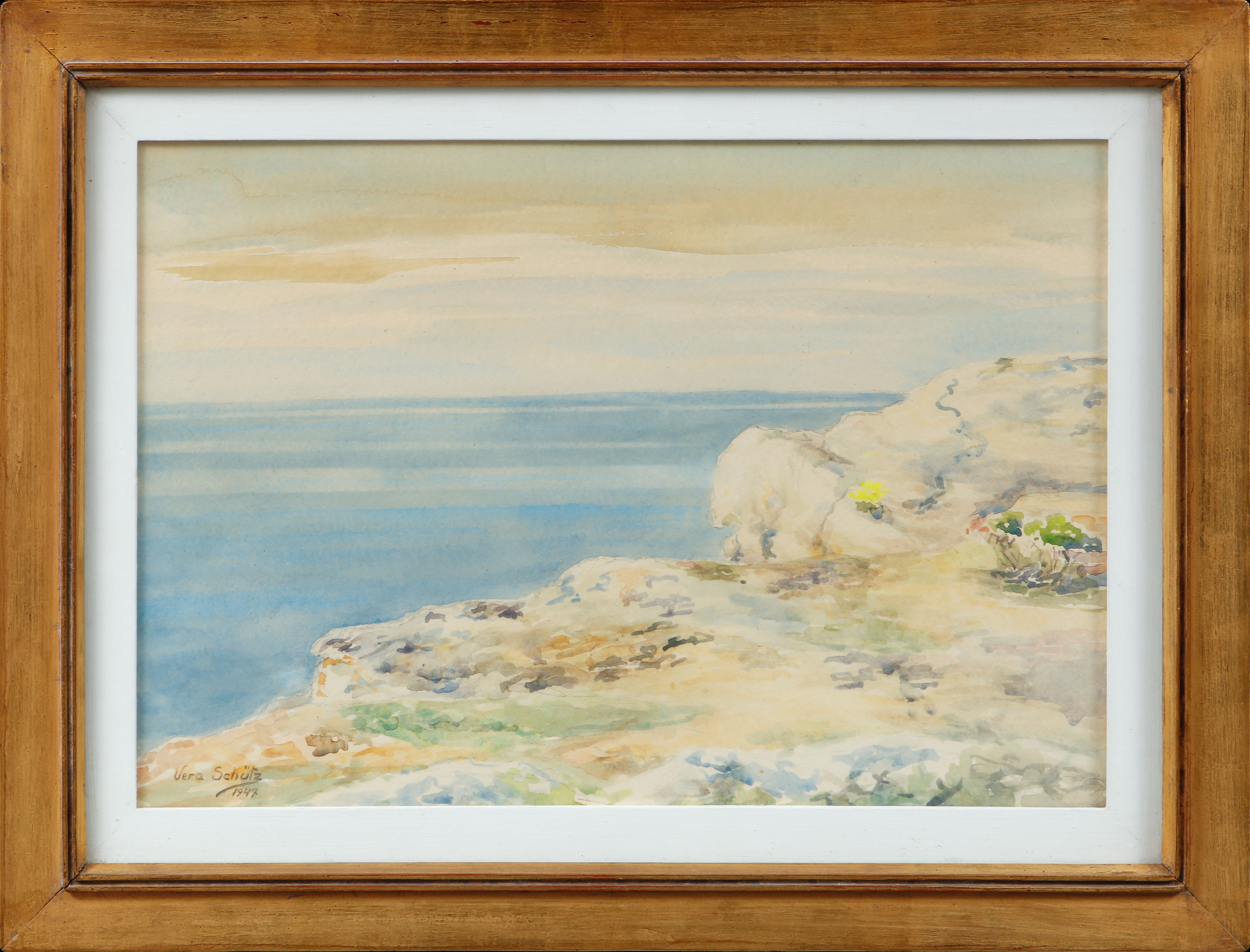 VERA SCHÜTZ. Havslandskap, akvarell, signerad och daterad 1947.