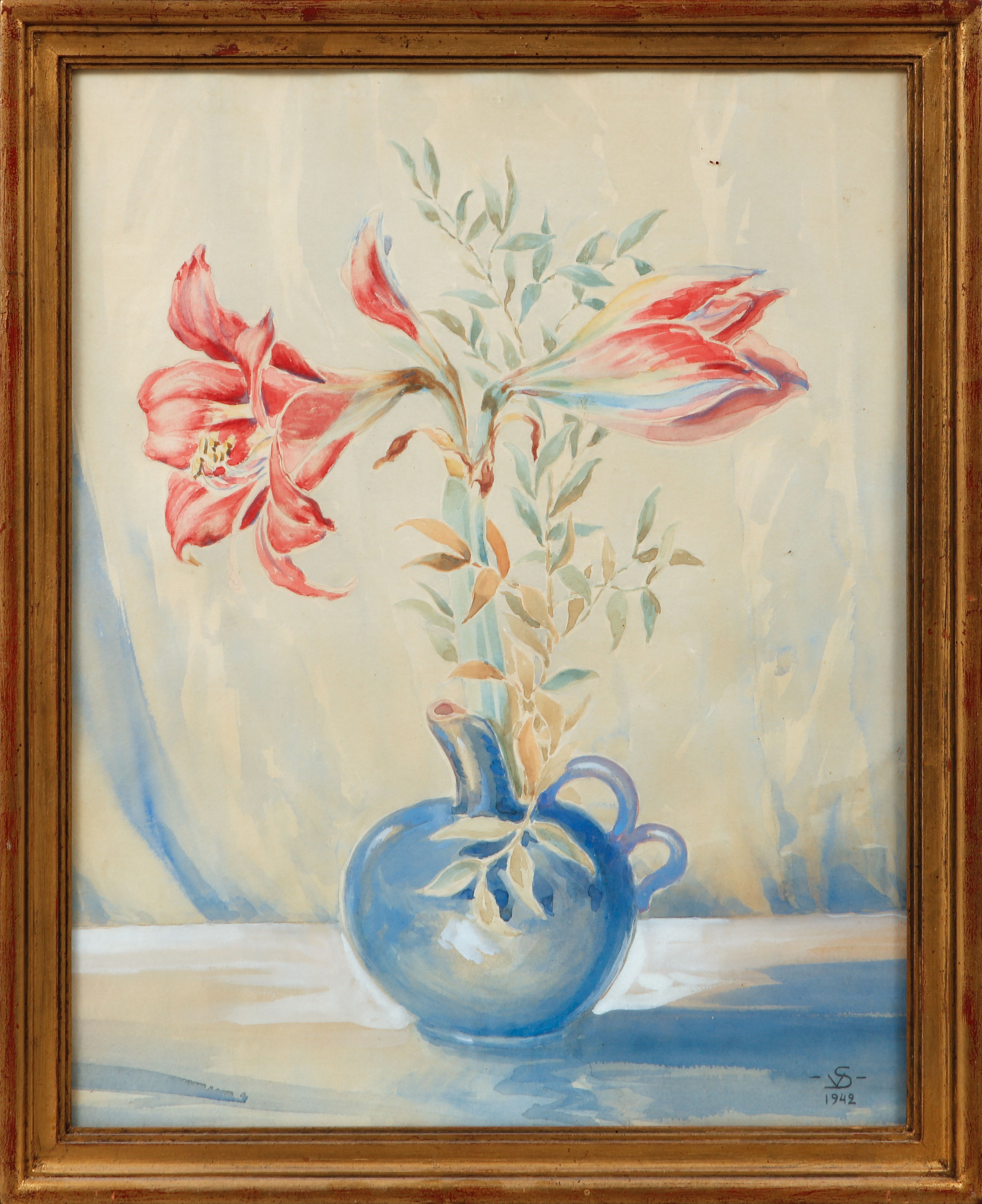 VERA SCHÜLZ. Amaryllis i vas, akvarell, monogramsignerad VS och daterad 1942.