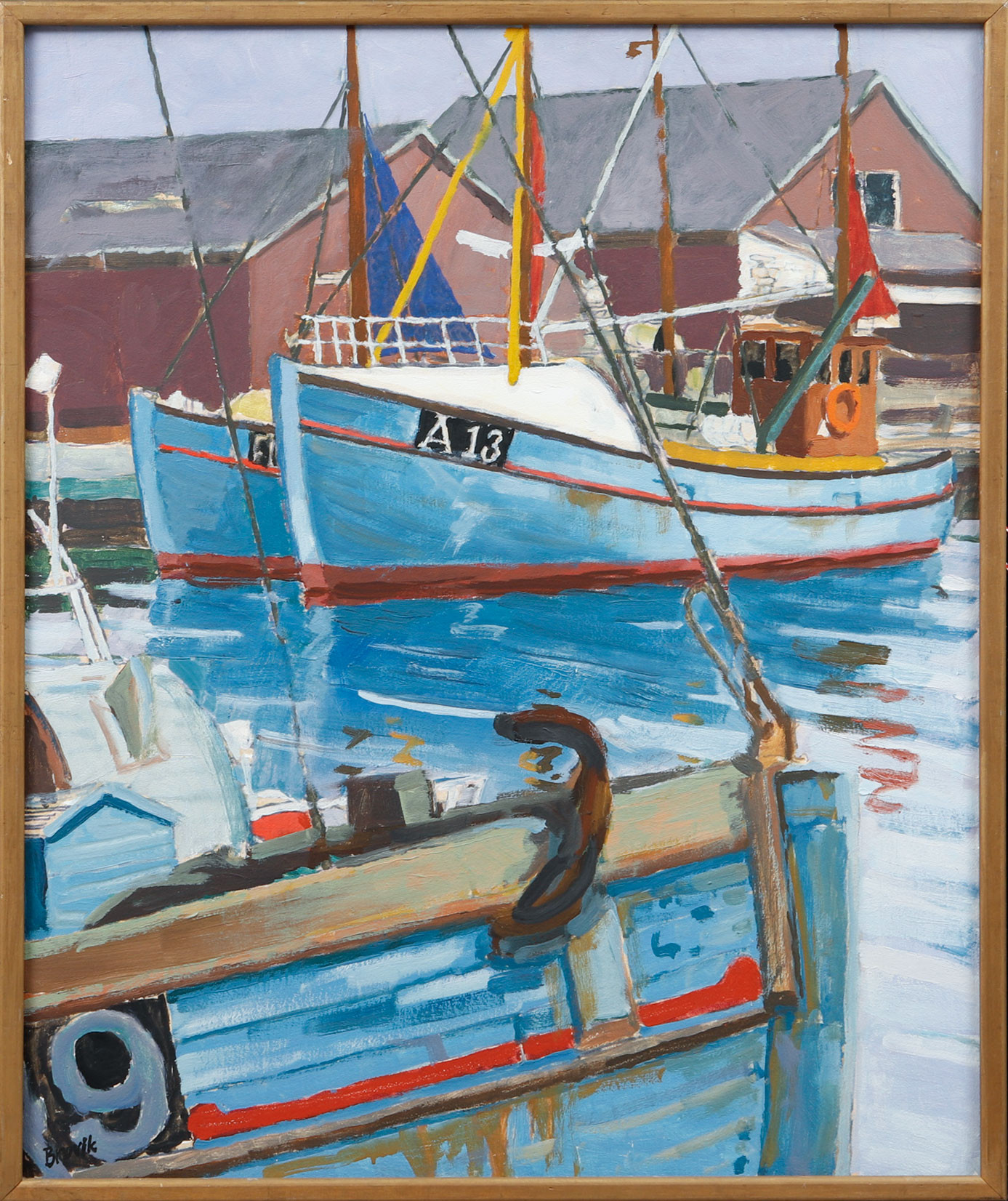ÅKE BROVIK. Hamnmotiv, olja på pannå, signerad.