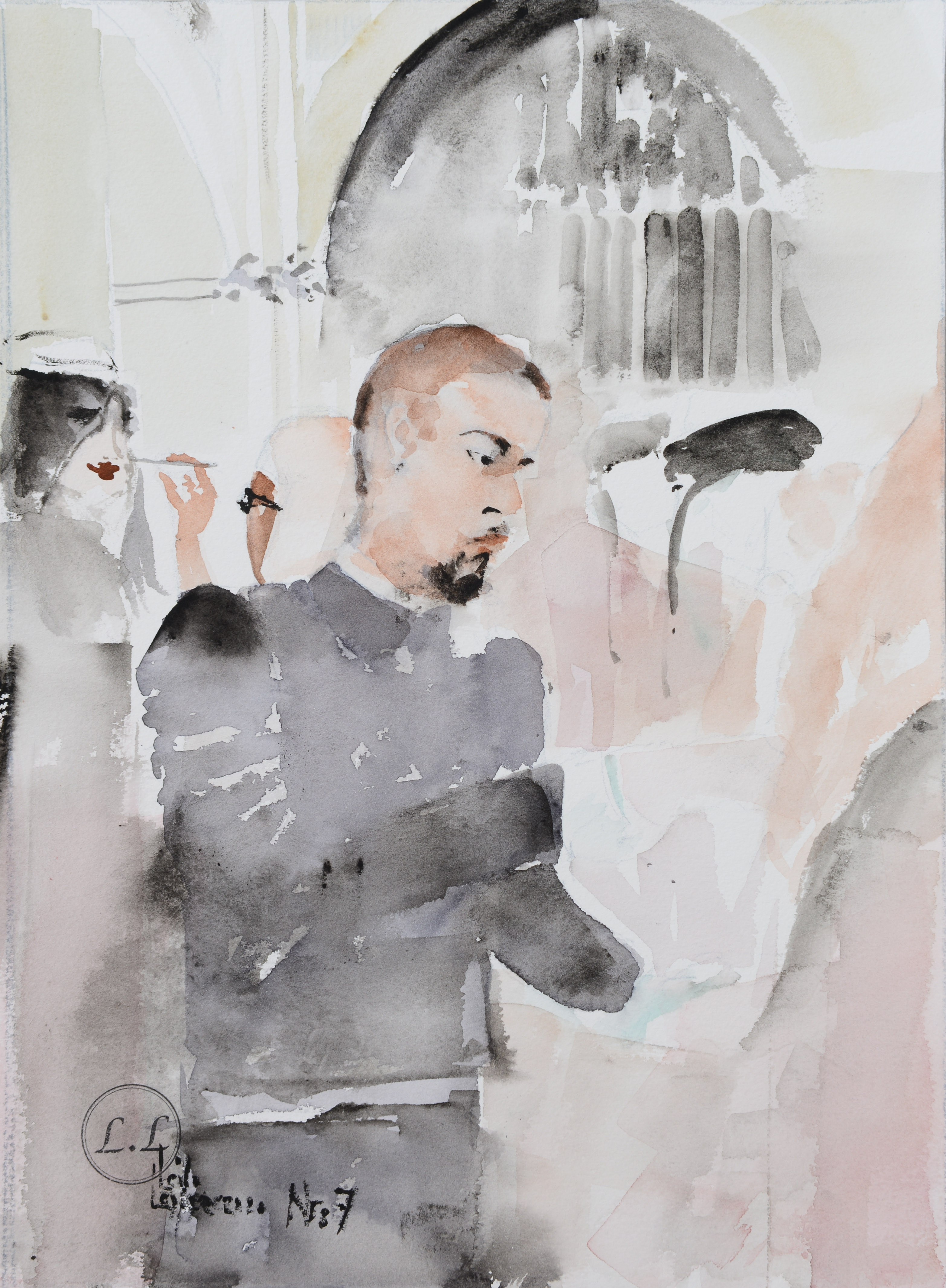 LEILA LAGRÉN. "Alexander McQueen, nr 7", akvarell på papper, signerad samt daterad 2020.