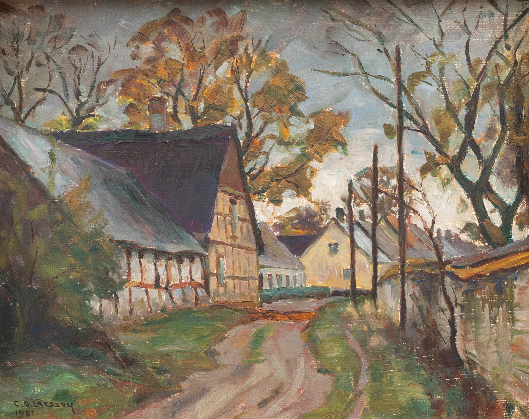 CARL OSCAR LARSSON. "Gammal gård, Skanör", olja på pannå, signerad och daterad 1951.