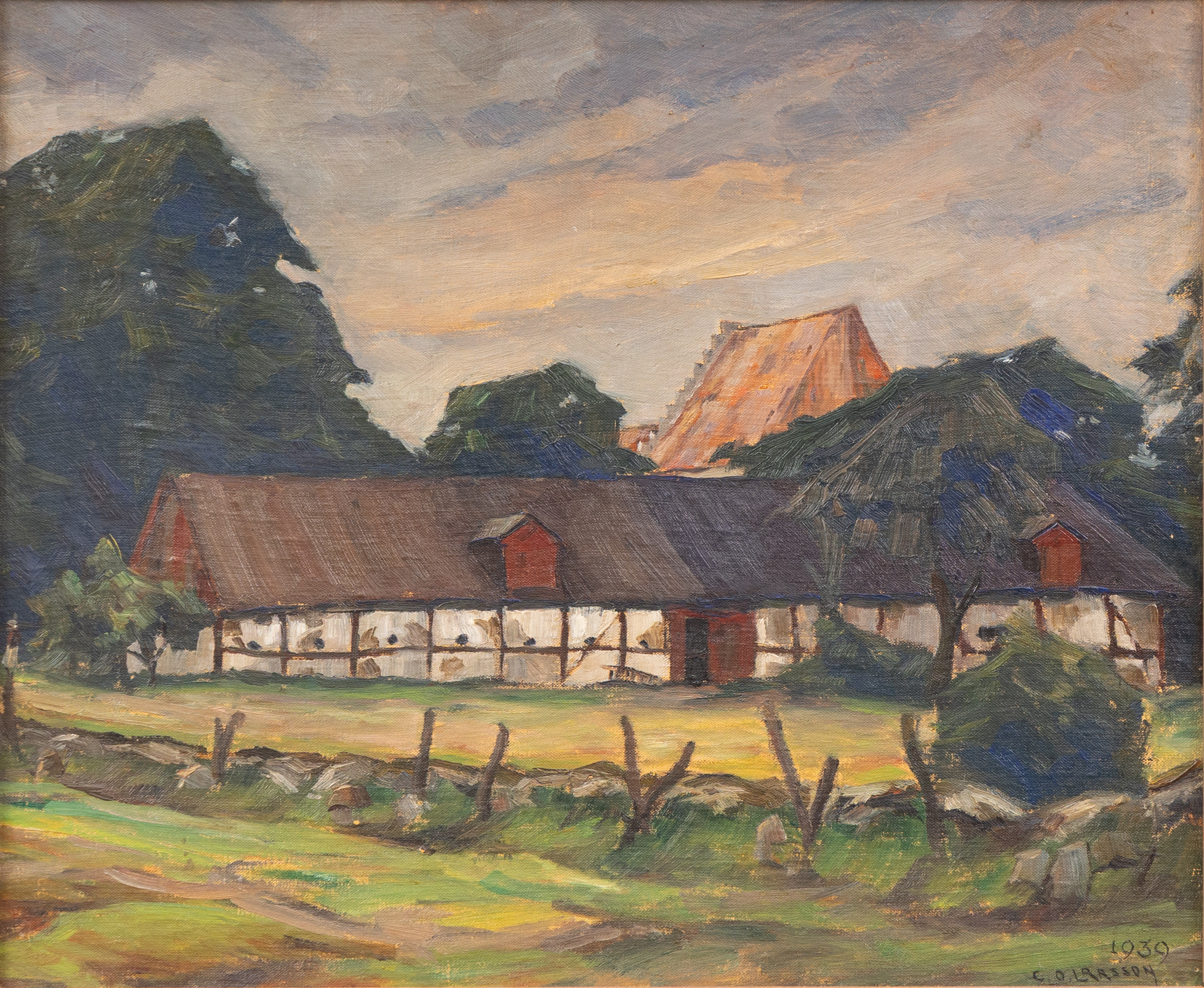 CARL OSCAR LARSSON. Gård i landskap, olja på pannå, signerad och daterad 1939.