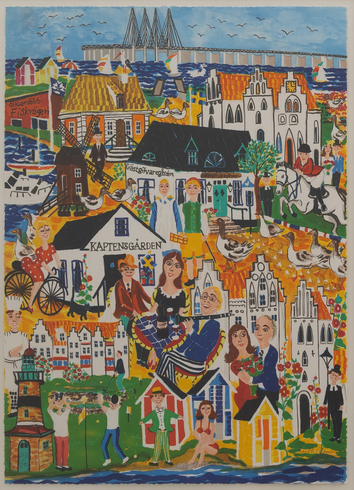 GUNILLA MANN. "Sommar i paradiset Skanör-Falsterbo", litografi nr 222/290, signerad.