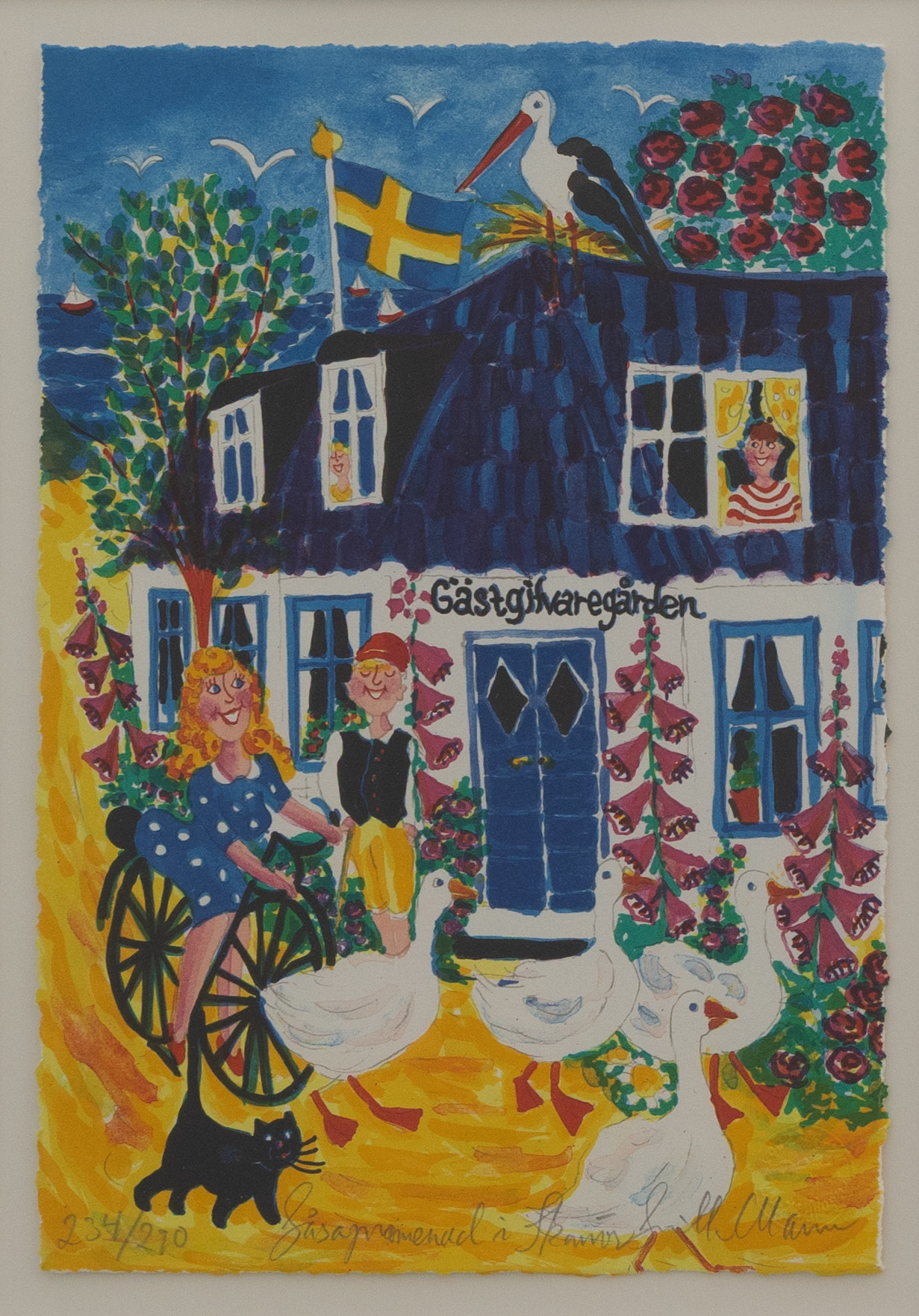 GUNILLA MANN. "Gåsapromenad i Skanör-Falsterbo", litografi nr 234/290, signerad.