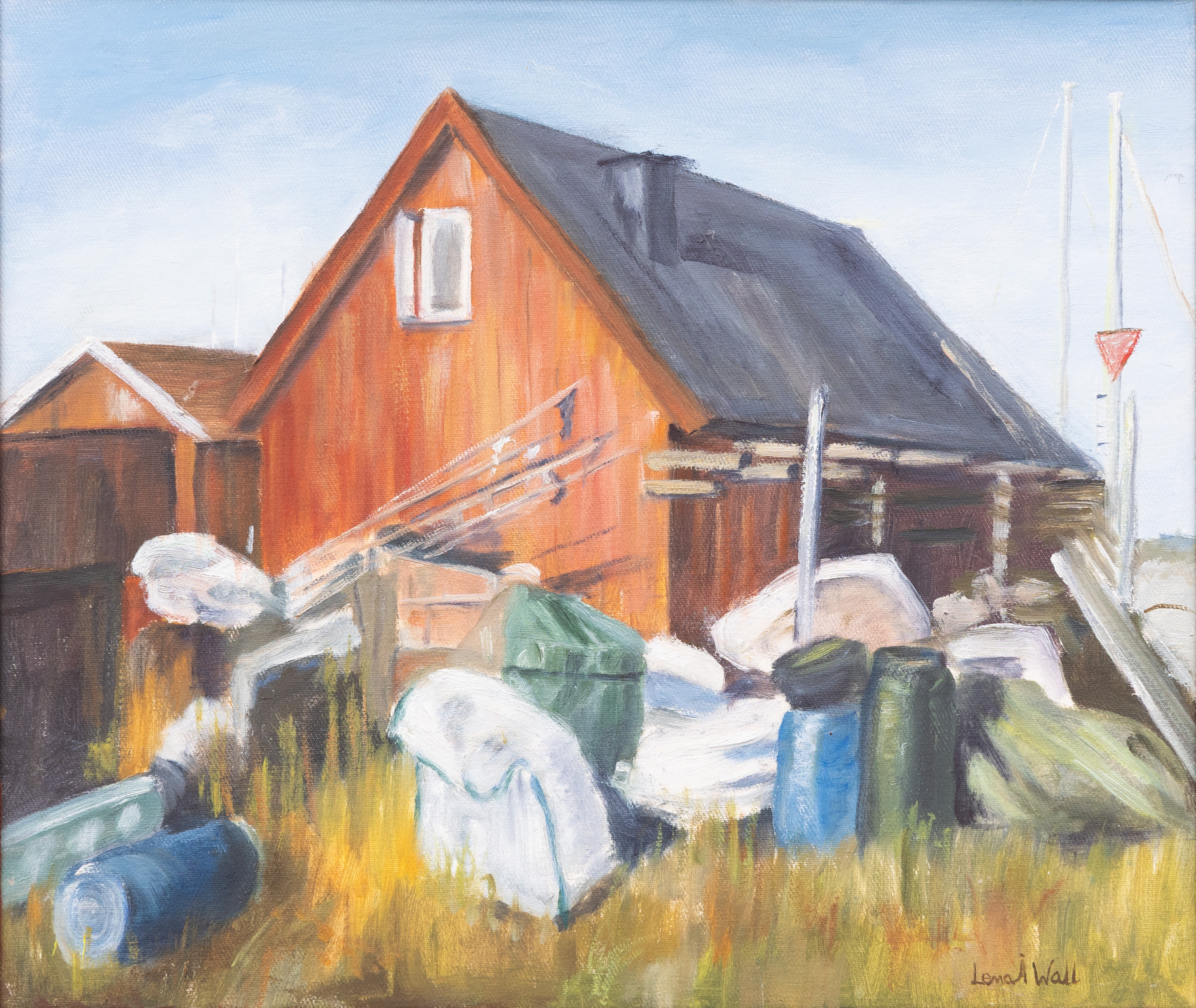 OIDENTIFIERAD KONSTNÄR. Fiskebodar vid Falsterbo, olja på duk, signerad Lean Å Wall.