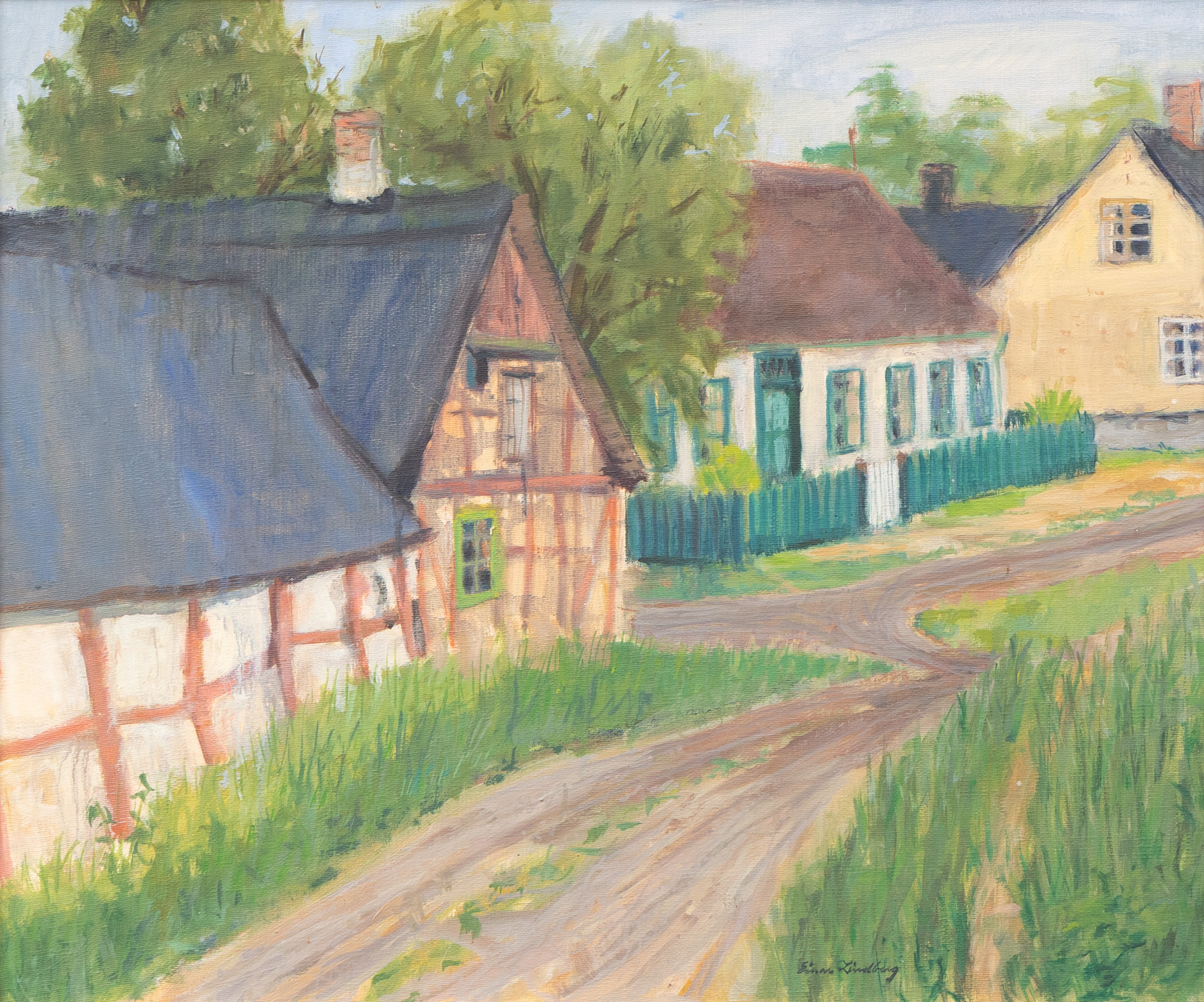 EINAR LINDBERG (1916-1993). "Sommarkväll - Östergatan, Skanör", olja på duk, signerad.