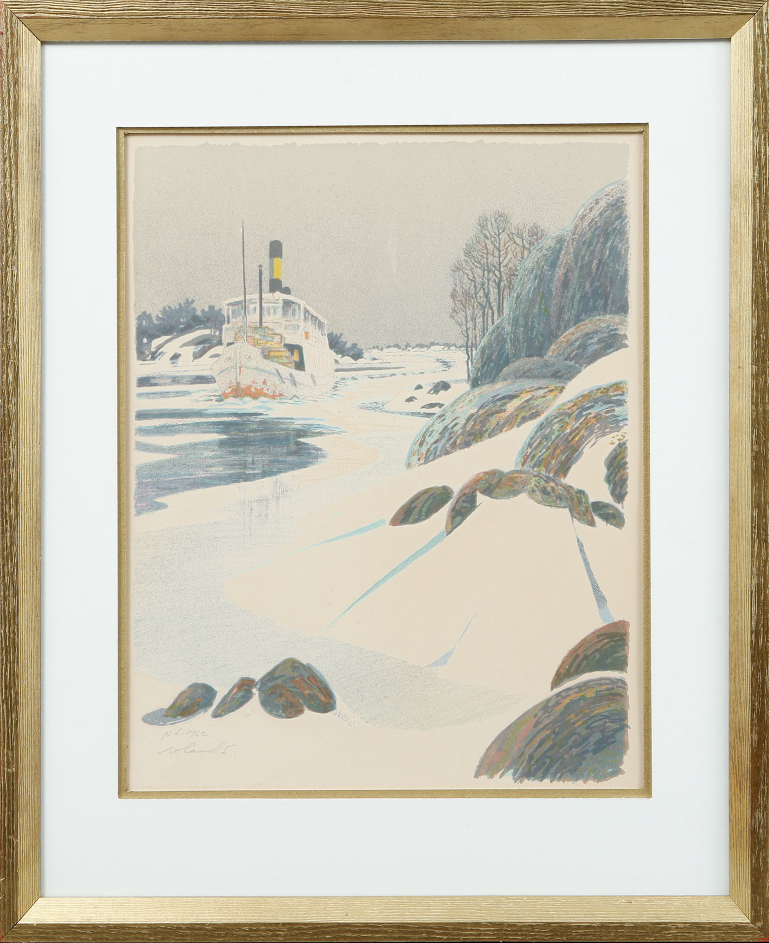 ROLAND SVENSSON. "Menföresbåten", färglitografi, signerad, P.T 1962.