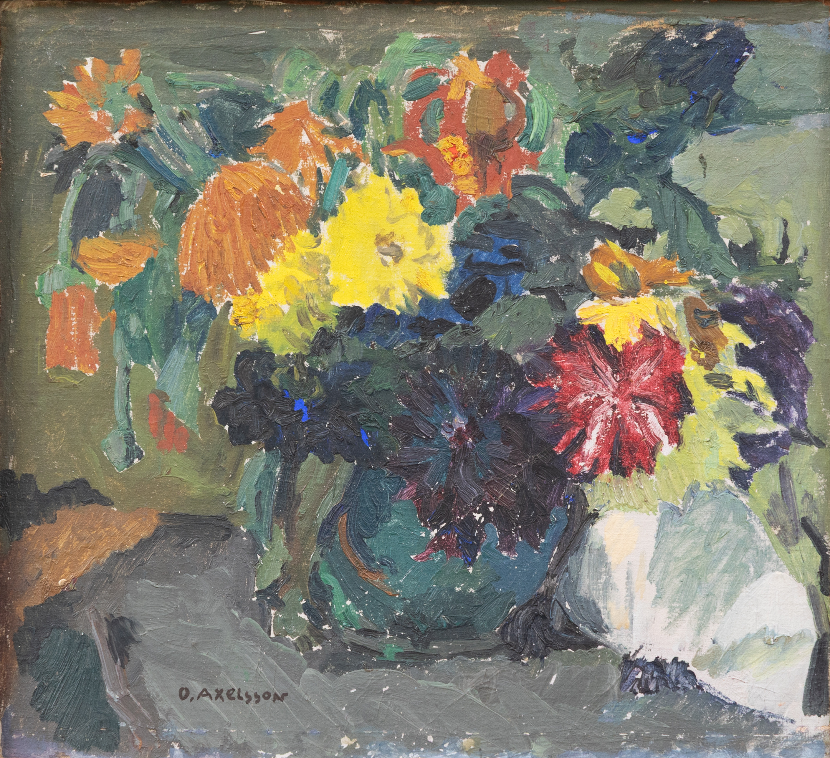 OLOF  AXELSSON (1925-1993). Stilleben med blommor, olja på pannå, signerad.