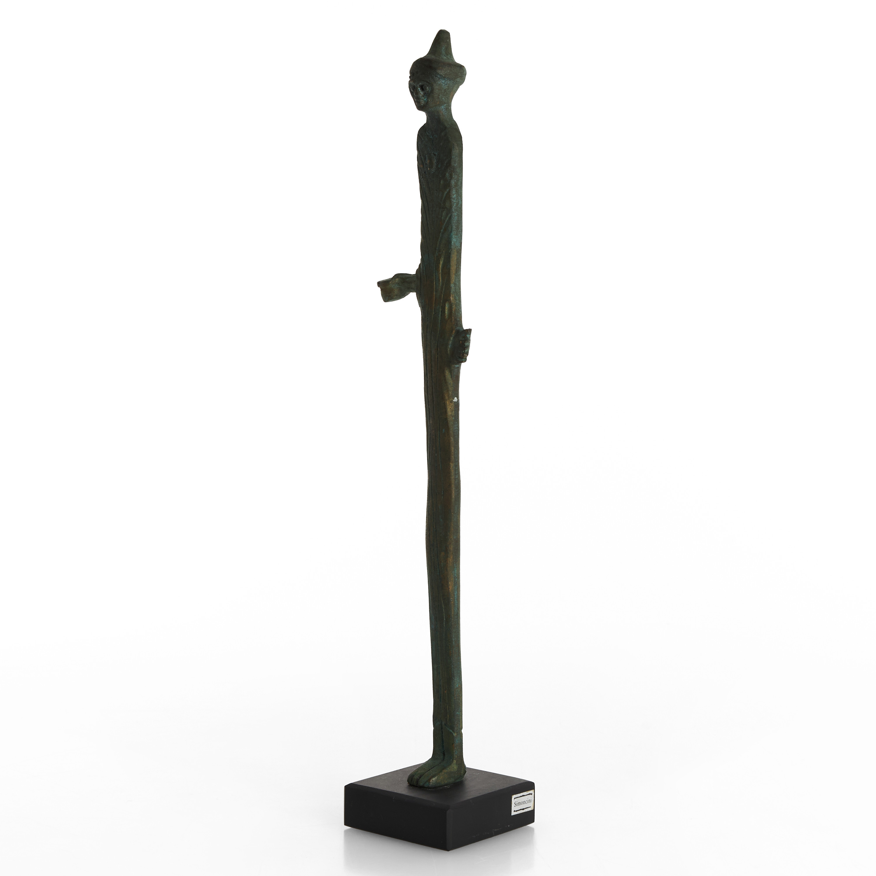 PAOLO SIMONCINI. Skulptur, etruskisk man, etikettmärkt, patinerad brons, samtida.