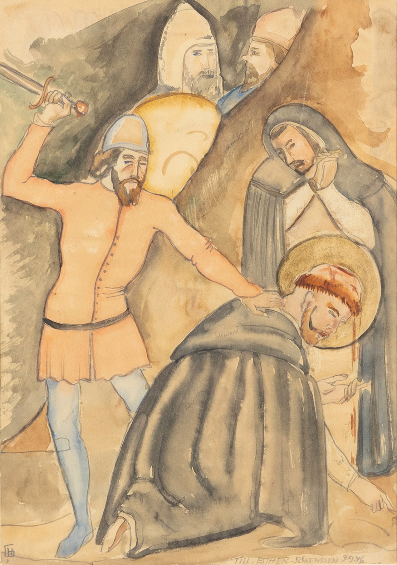 HUGO GEHLIN ( 1889-1953). Detalj av fresco i Santa Maria Novell i Florens, blandteknik, monogramsignerad och daterad med dedikation, HG, 9.9-46.