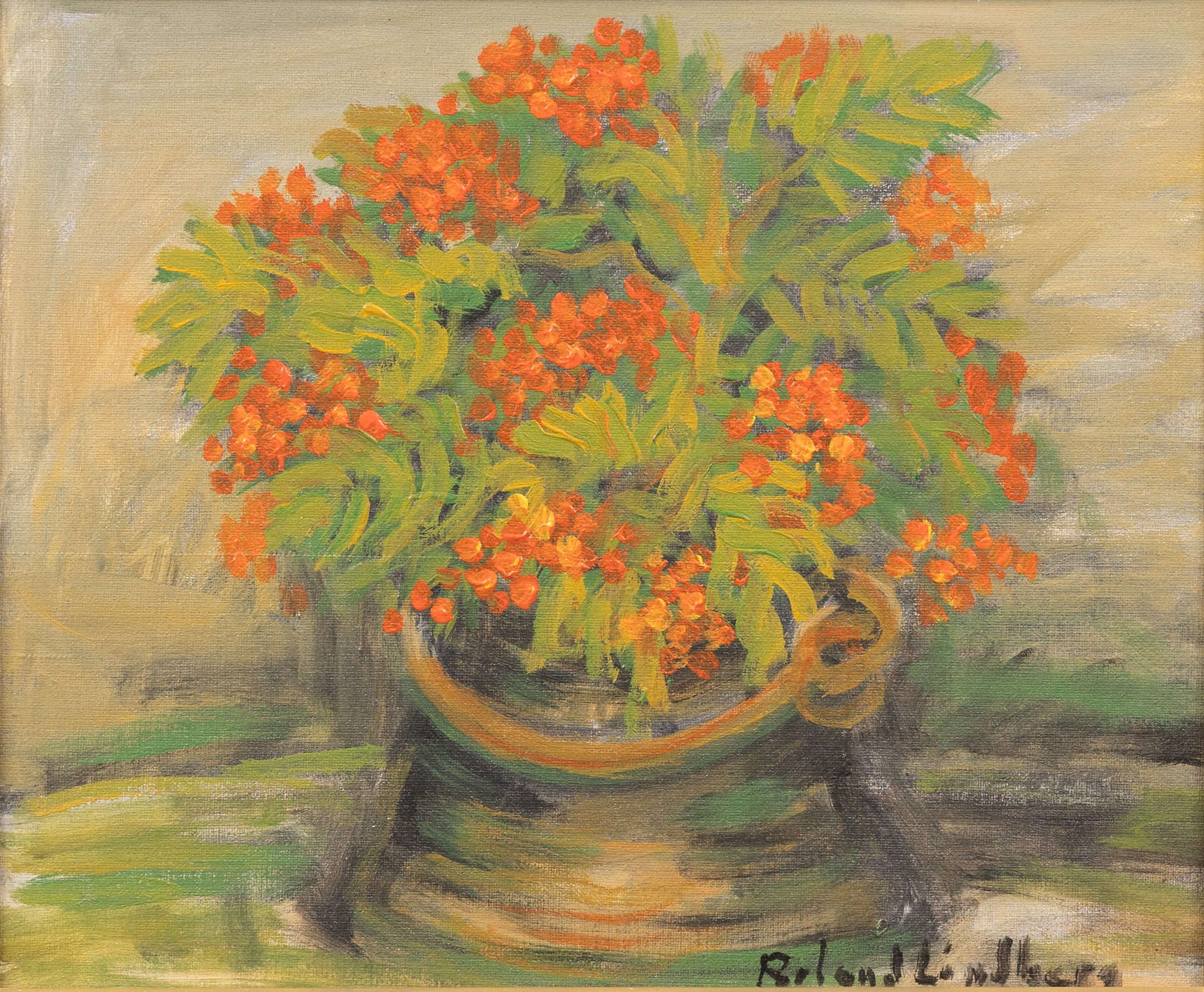 ROLAND LINDBERG (1935–1993). Stilleben med blommor, olja på duk, signerad.