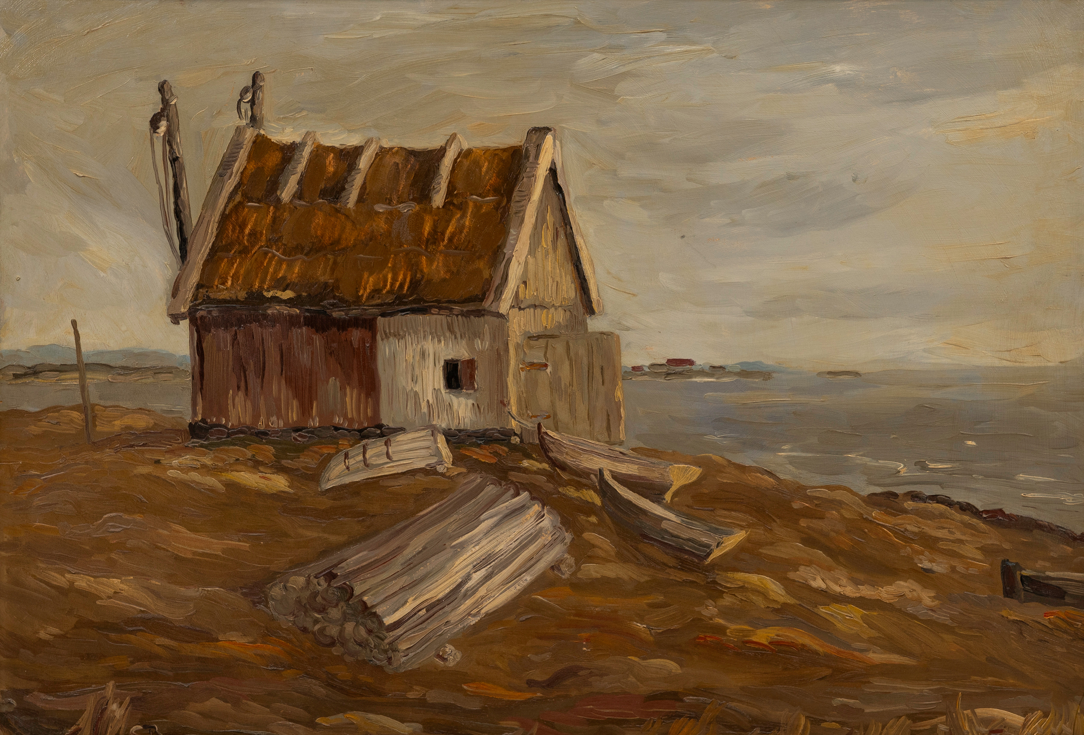 GÖRAN BRUNIUS. "Fiskestuga", olja på pannå, a tergo kvinnoporträtt, monogramsignerade.