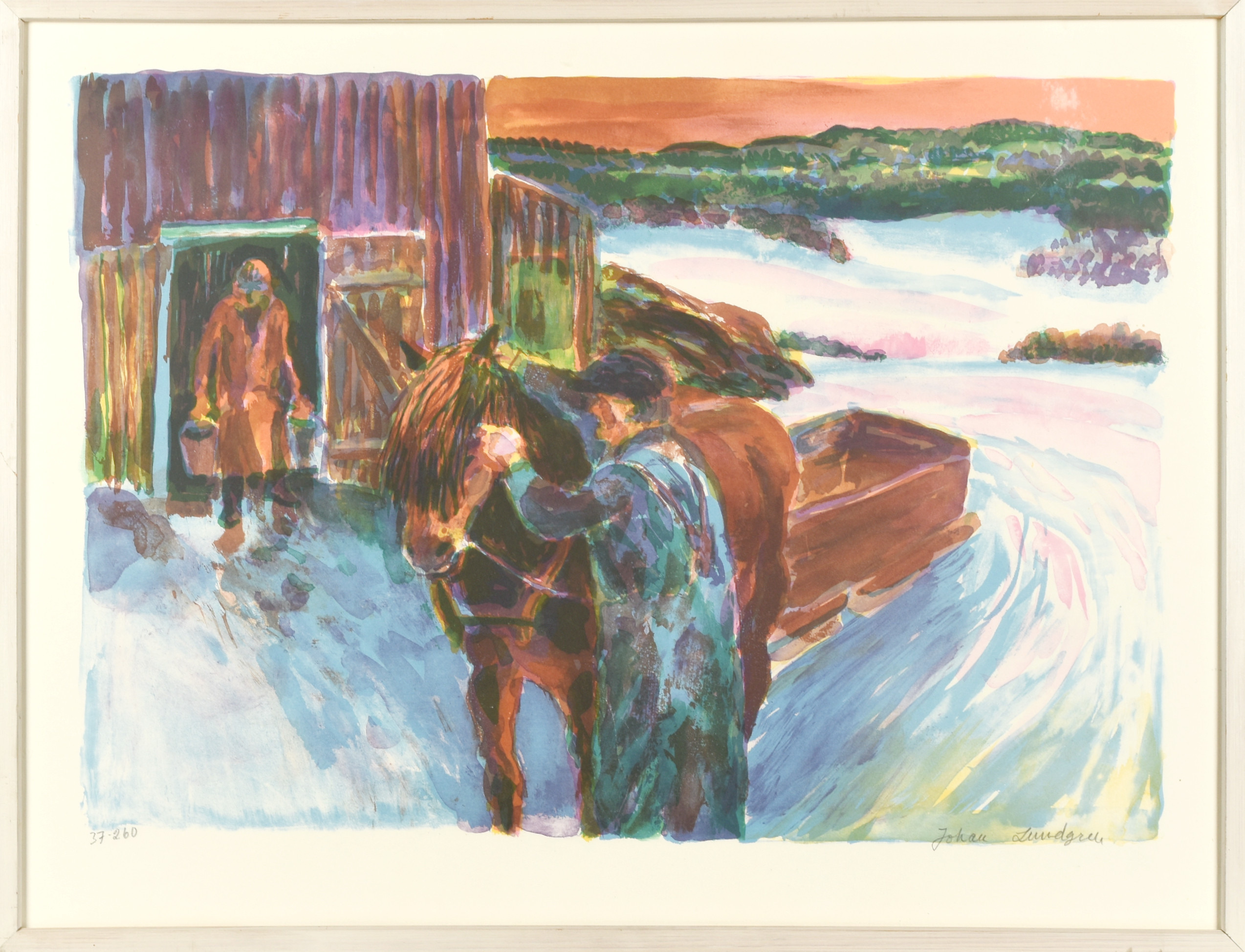 JOHAN LUNDGREN. Färglitografi, Gårdsmotiv, Signerad och Numrerad 37/260. 1900-tal.