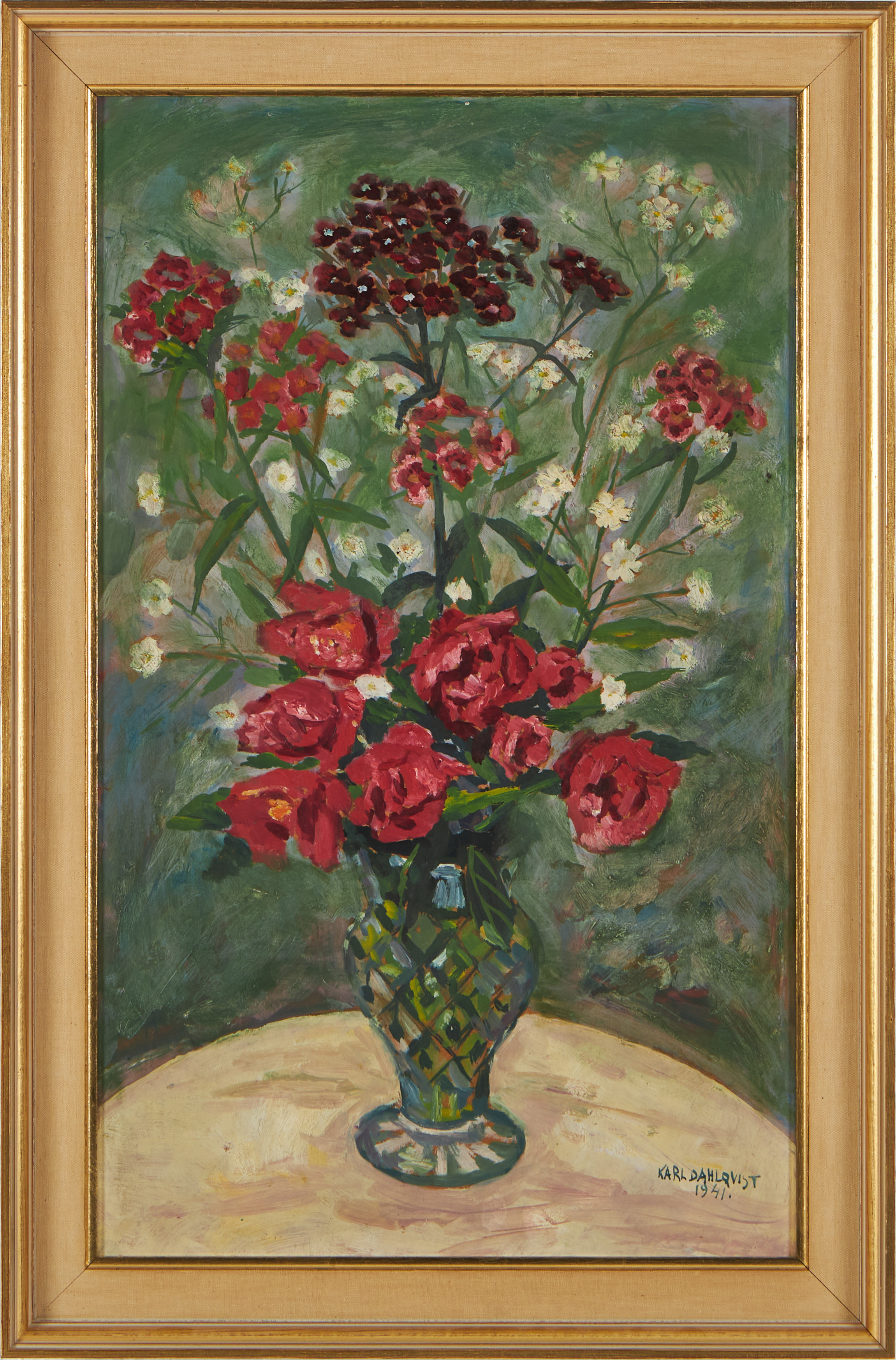 KARL DAHLQVIST. Stilleben, blommor i vas, olja på pannå, signerad Karl Dahlqvist, 1941.