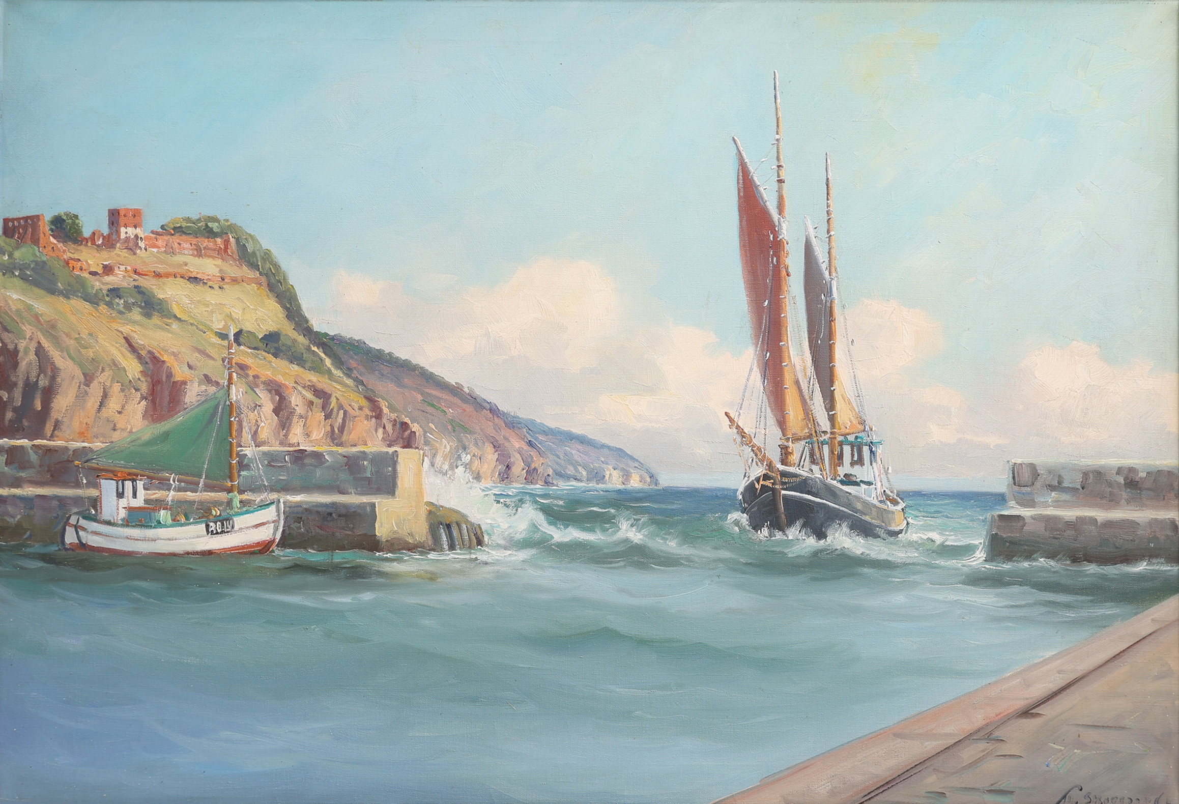 WILHELM THEODOR SKOVGAARD 1913-1993. OLJA PÅ DUK, BORNHOLM MED HAMMERSHUS FRÅN HAMNINLOPPET I SÆNE, SIGNERAD. 1900-TALETS MITT.