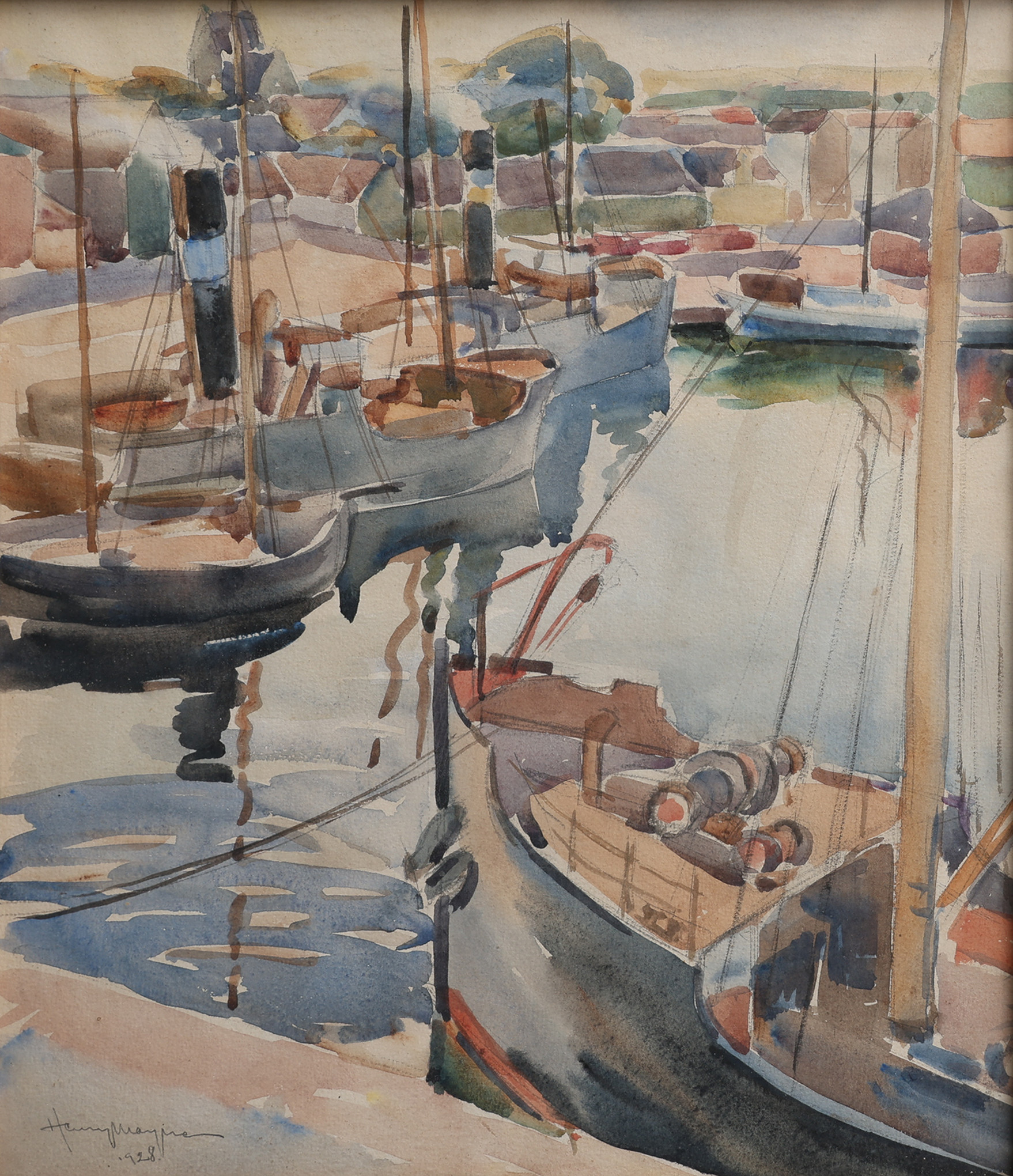 HENRY MAYNE. AKVARELL PÅ PAPPER, HAMNMOTIV, SIGNERAD OCH DATERAD 1928.