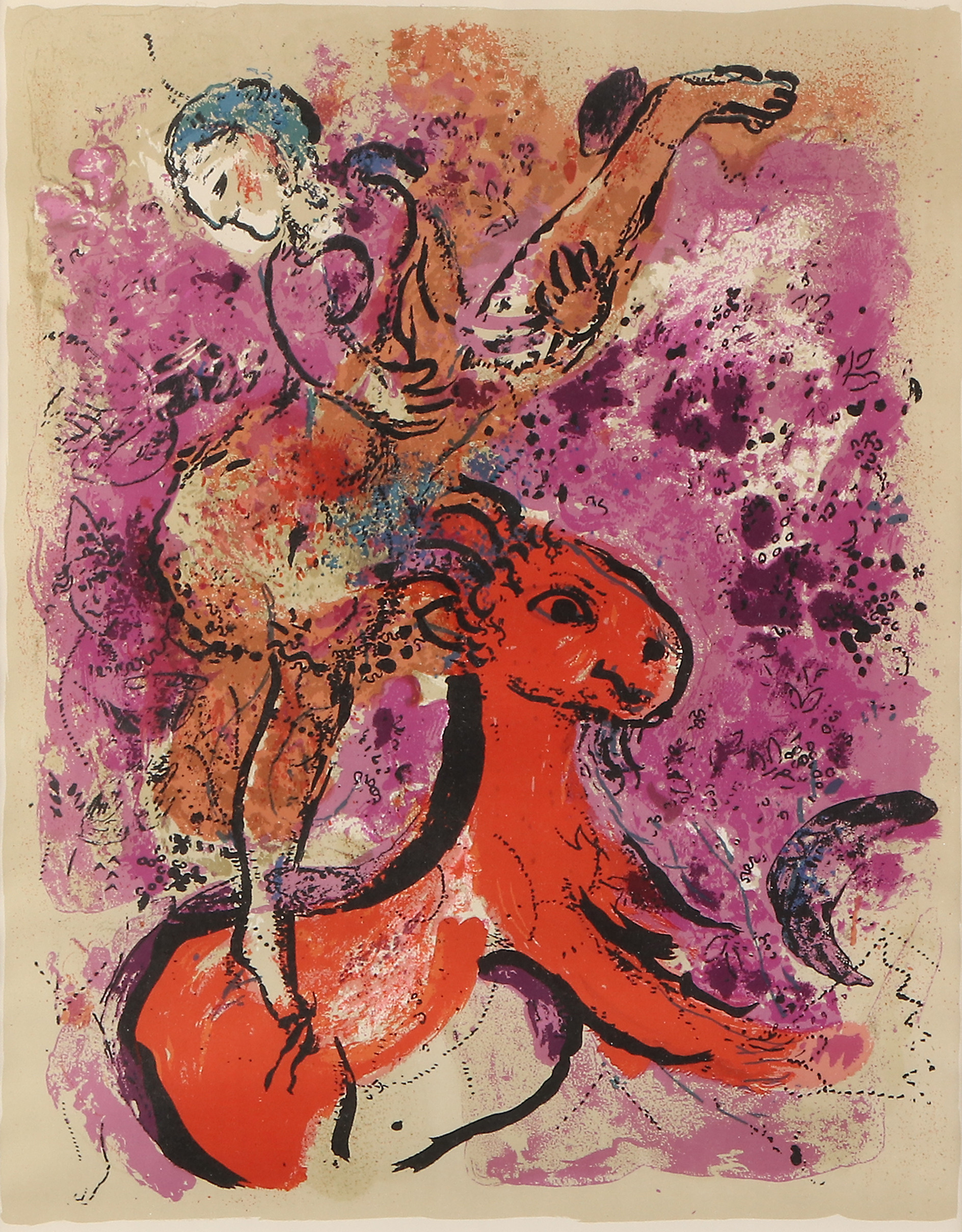 MARC CHAGALL. Litografi. Komposition med figur och häst. Ej signerad eller numrerad.