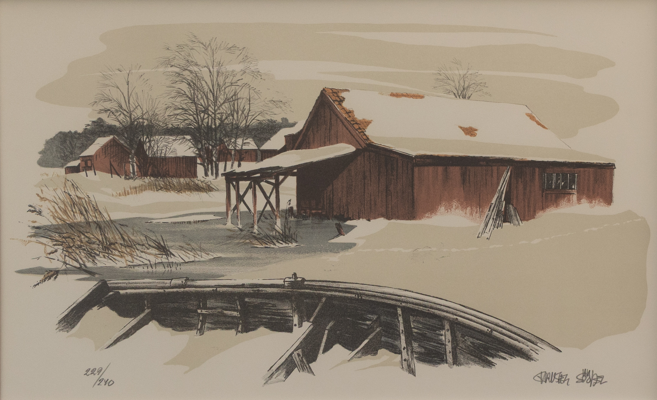 CHRISTER SÖÖDER (FÖDD 1957). Båt insnöad i skärgård, litografi nr 229/240, signerad.