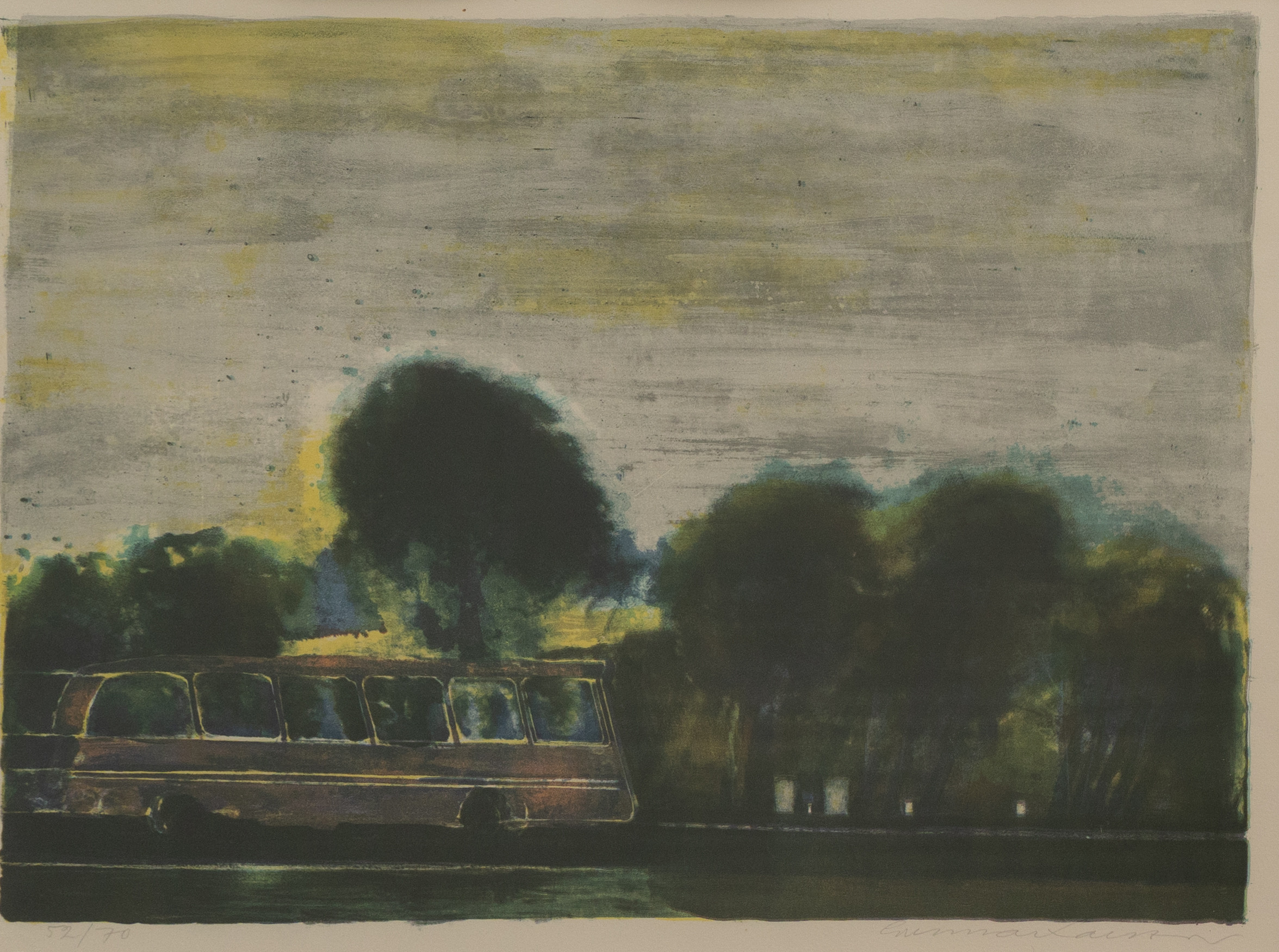 GUNNAR LARSON (1925-2020). Buss på väg, litografi nr 52/70, signerad.