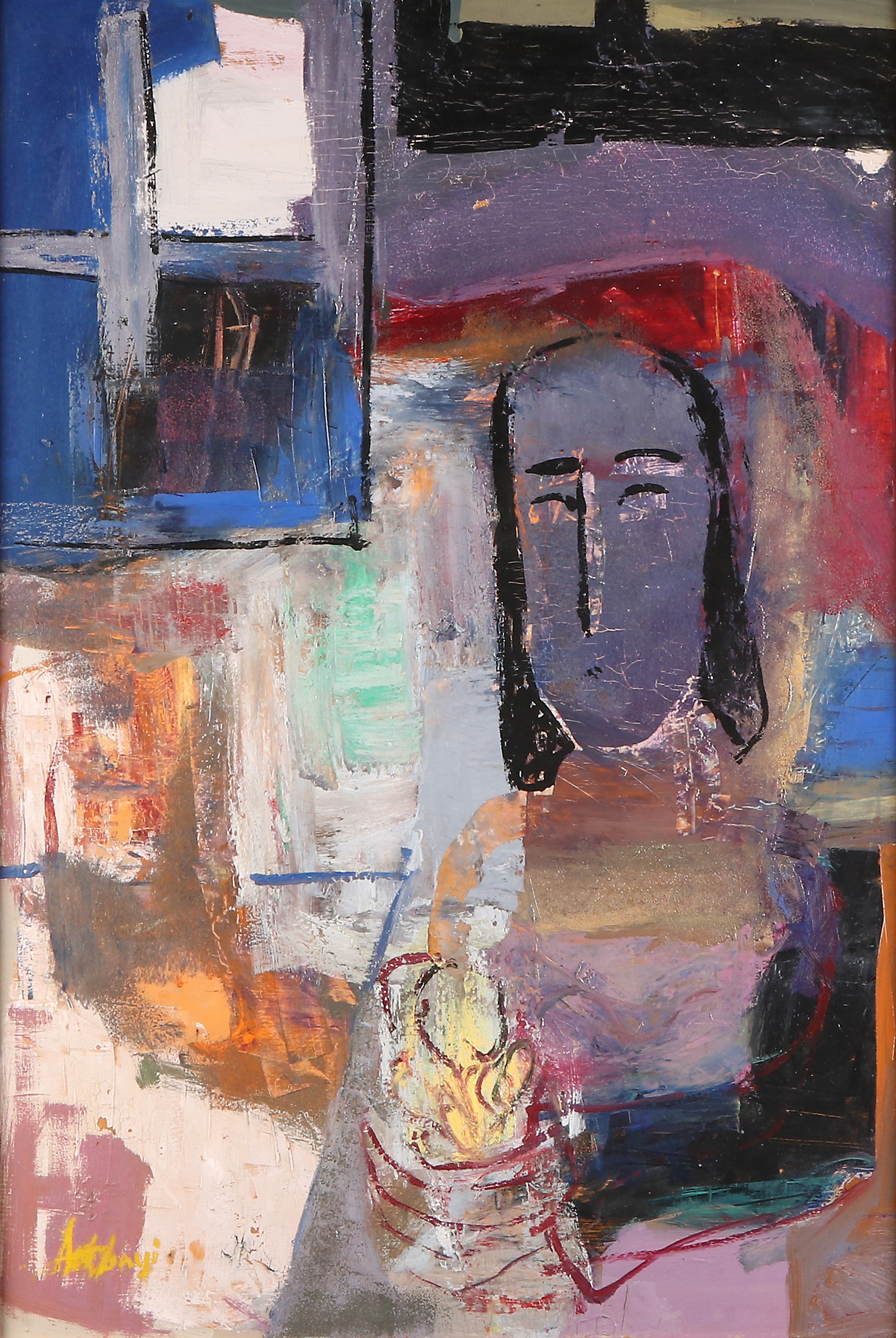 IMRE ANTONYI. Oljemålning på pannå. Komposition med figur. Signerad.