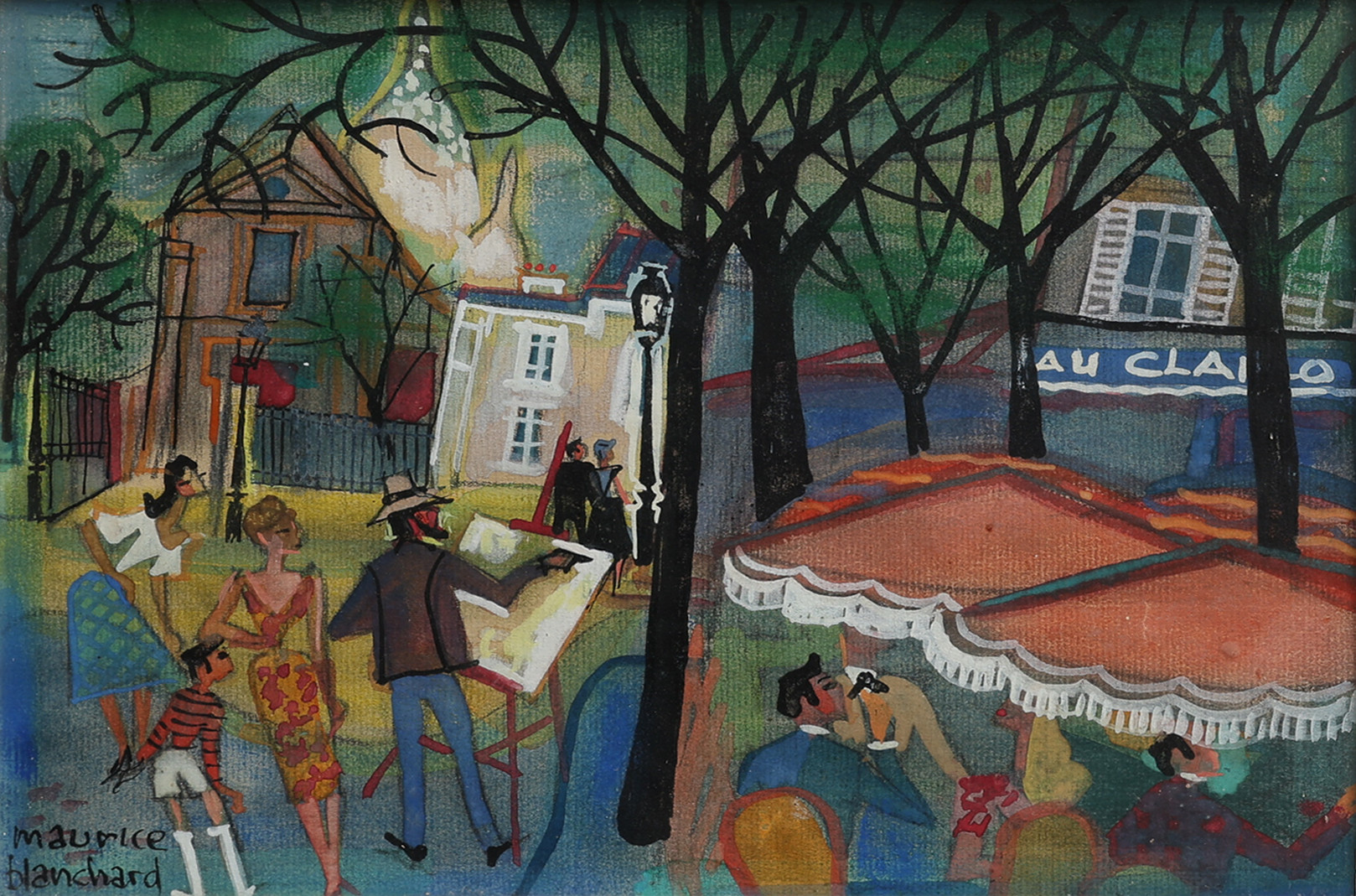 MAURICE BLANCHARD. GOUACHE PÅ PAPPER, PLACE DU TERTRE, MONTMARTRE, SIGNERAD.