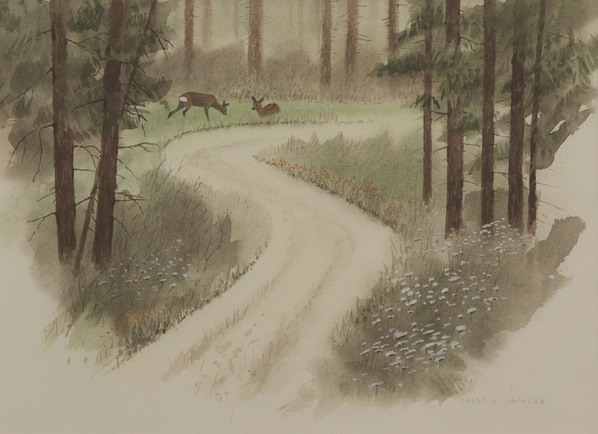 KENNETH LINDGREN (FÖDD 1937). Rådjur vid väg i skogslandskap, akvarell, signerad.