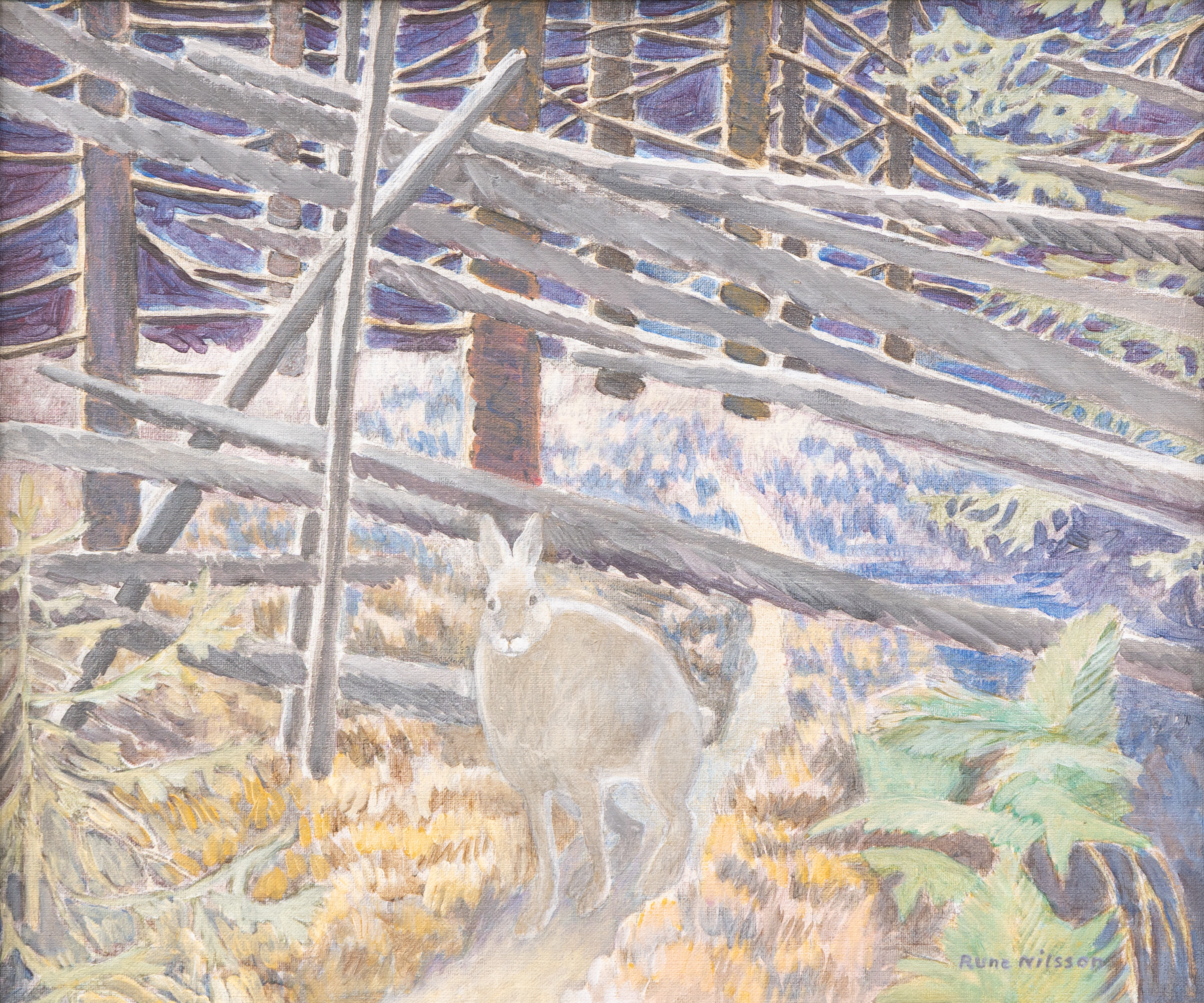 RUNE NILSSON (1927-1996). Hare vid staket, olja på duk, signerad.