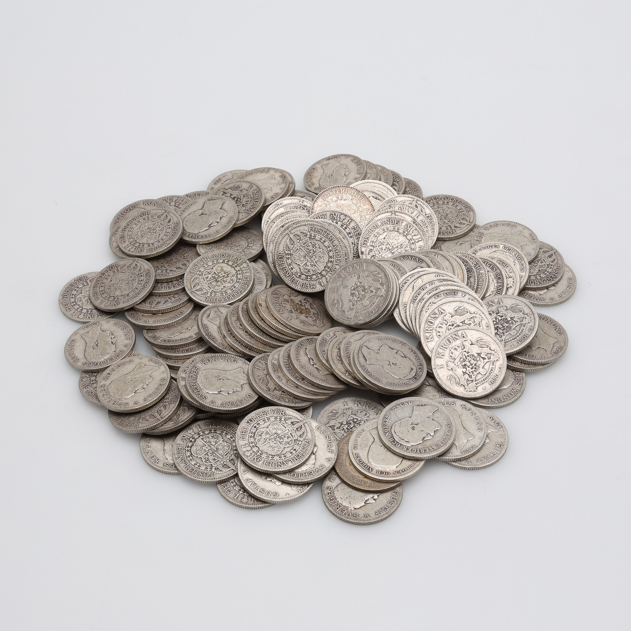 MYNT, 1-KRONOR FÖRE 1942, TOTAL VIKT CA 959 GRAM.