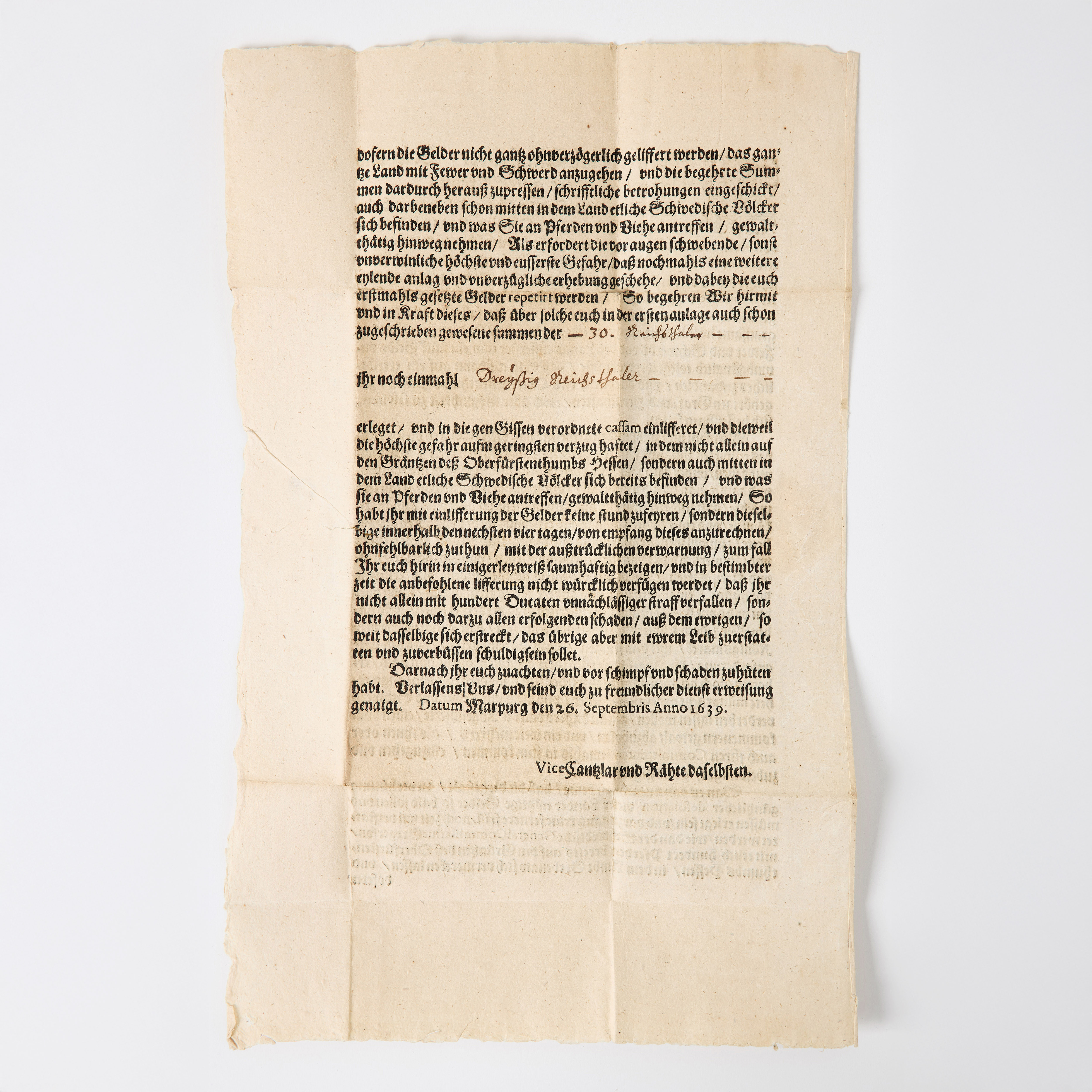 KÖNIGSMARKS BREV OM BRANDSKATTNING AV HESSEN 1639.