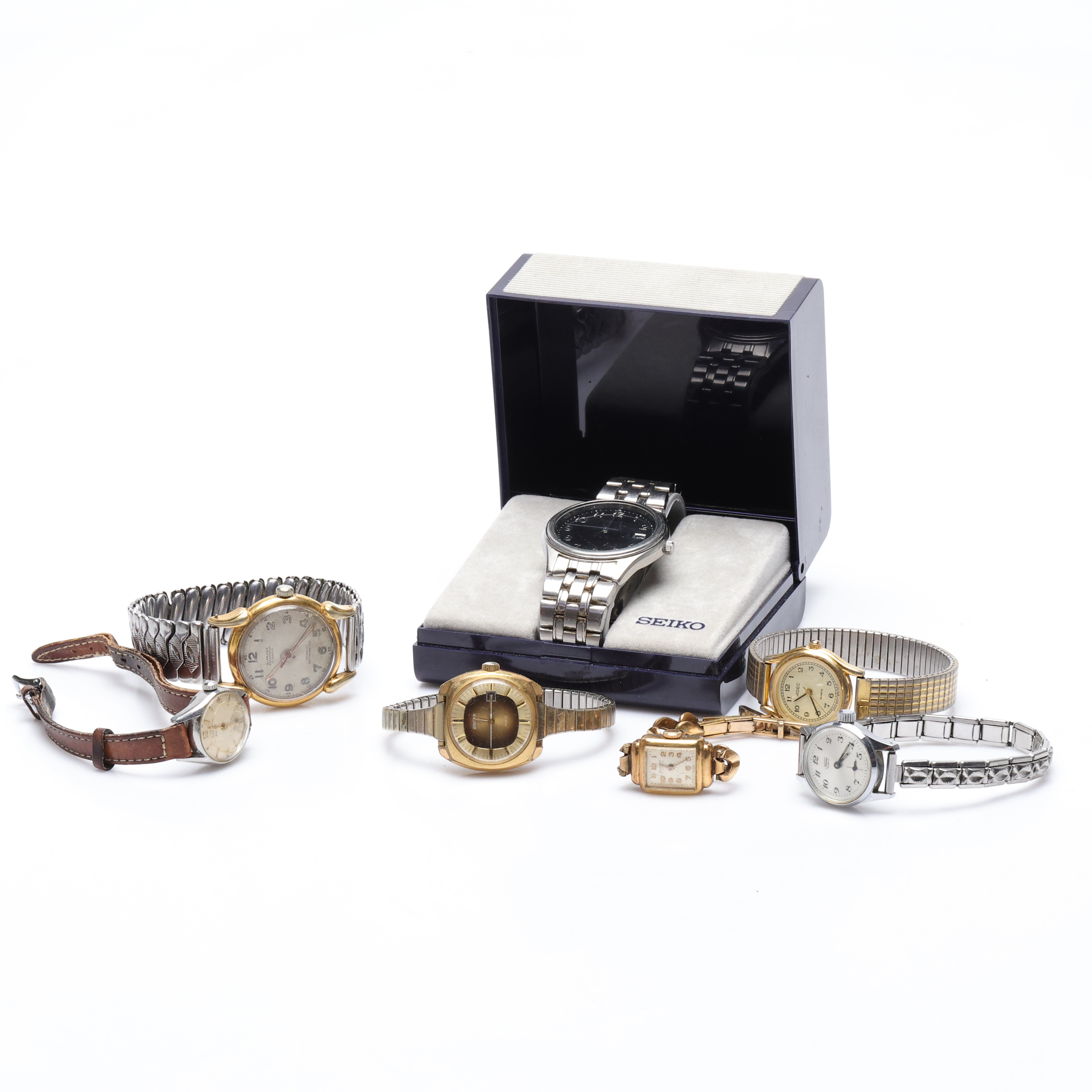 PARTI ARMBANDSUR, sju delar, Bla Seiko, Enicar, Zodiac.