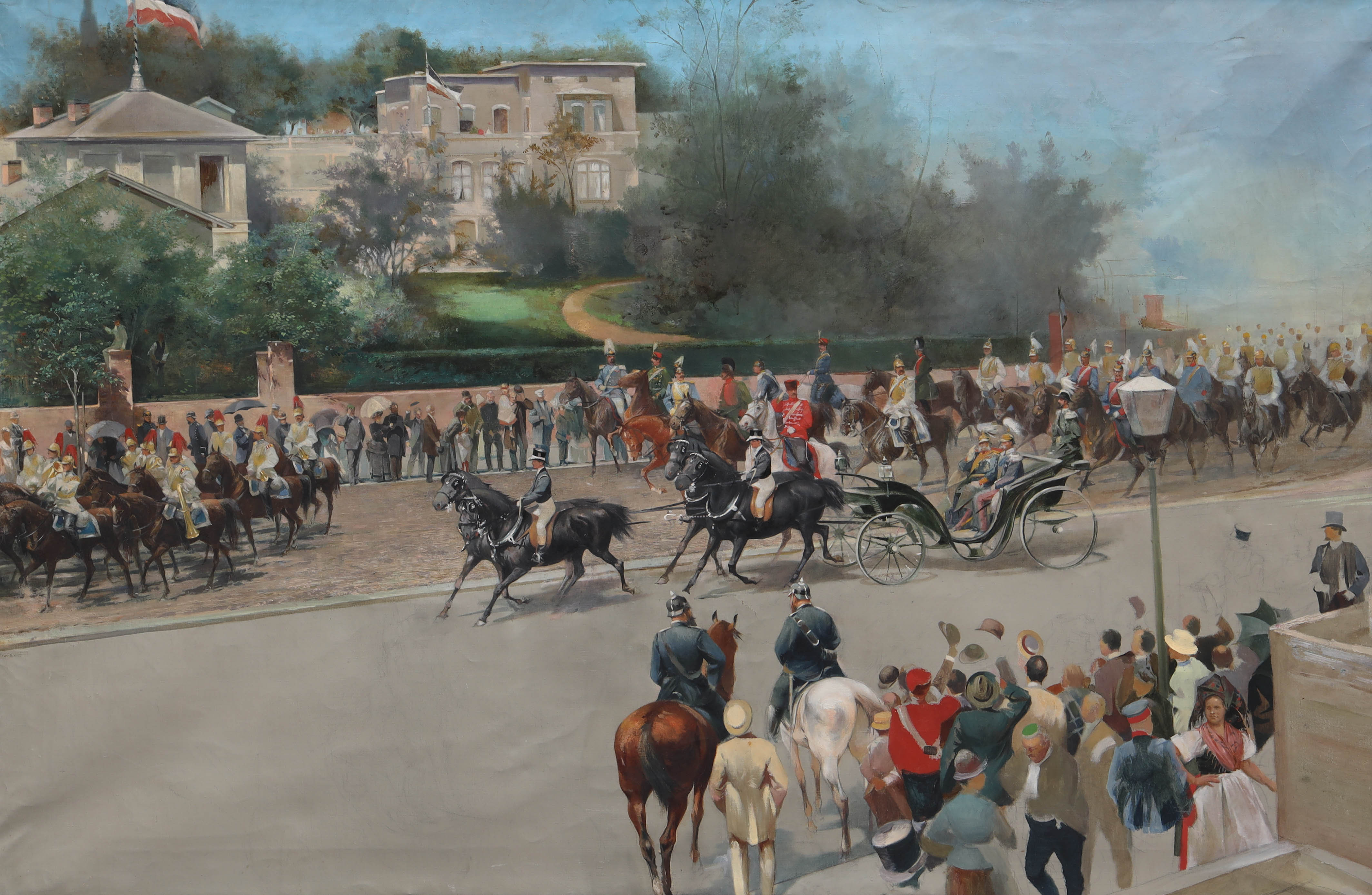 OKÄND KONSTNÄR. olja på duk, 115 x 73 cm, figurscener med hästar och människor samt franska flaggan, 1900-tal.
