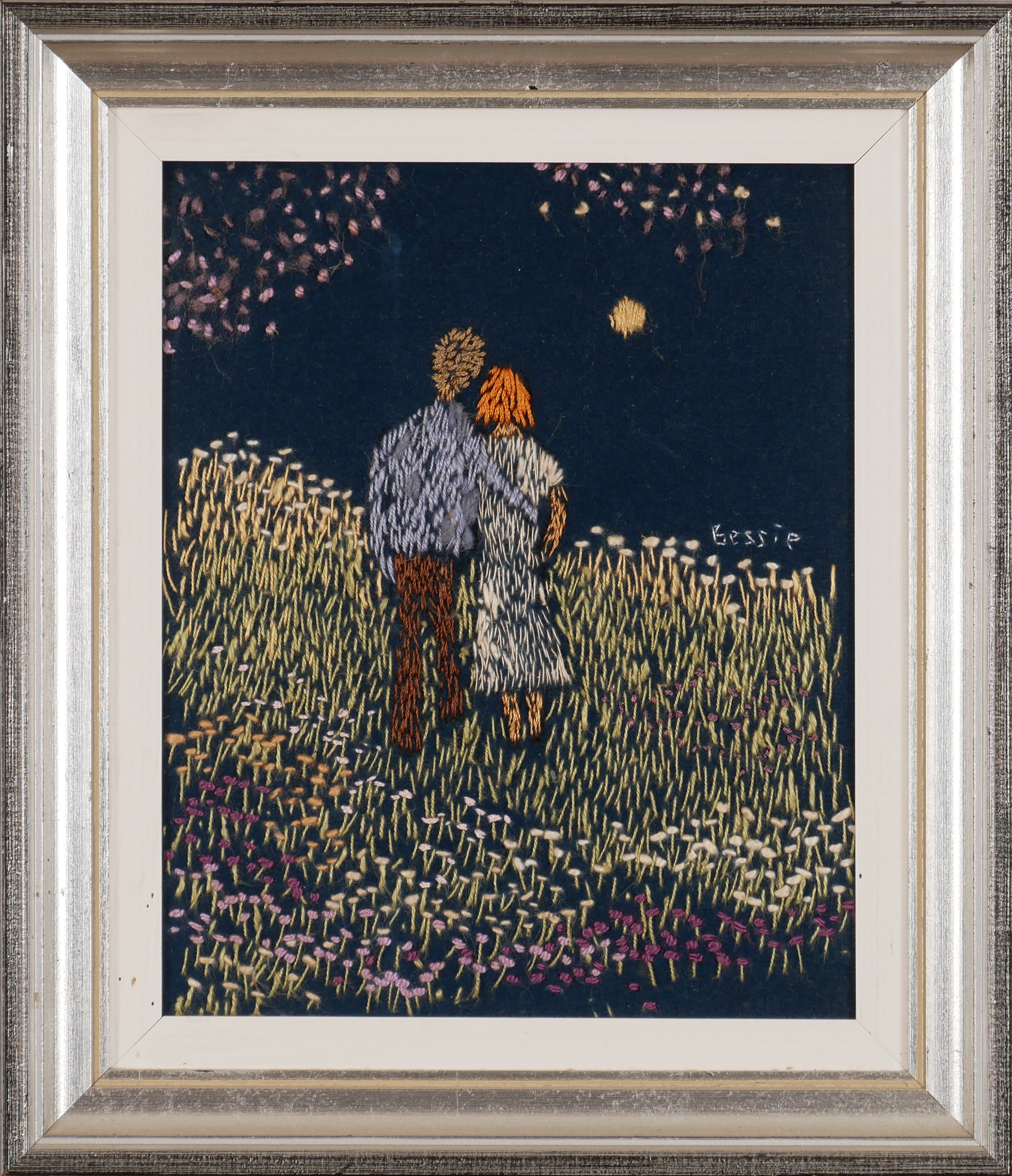 BESSIE JOHANSON. "Blomsteräng", textiltavla, signerad Bessie.