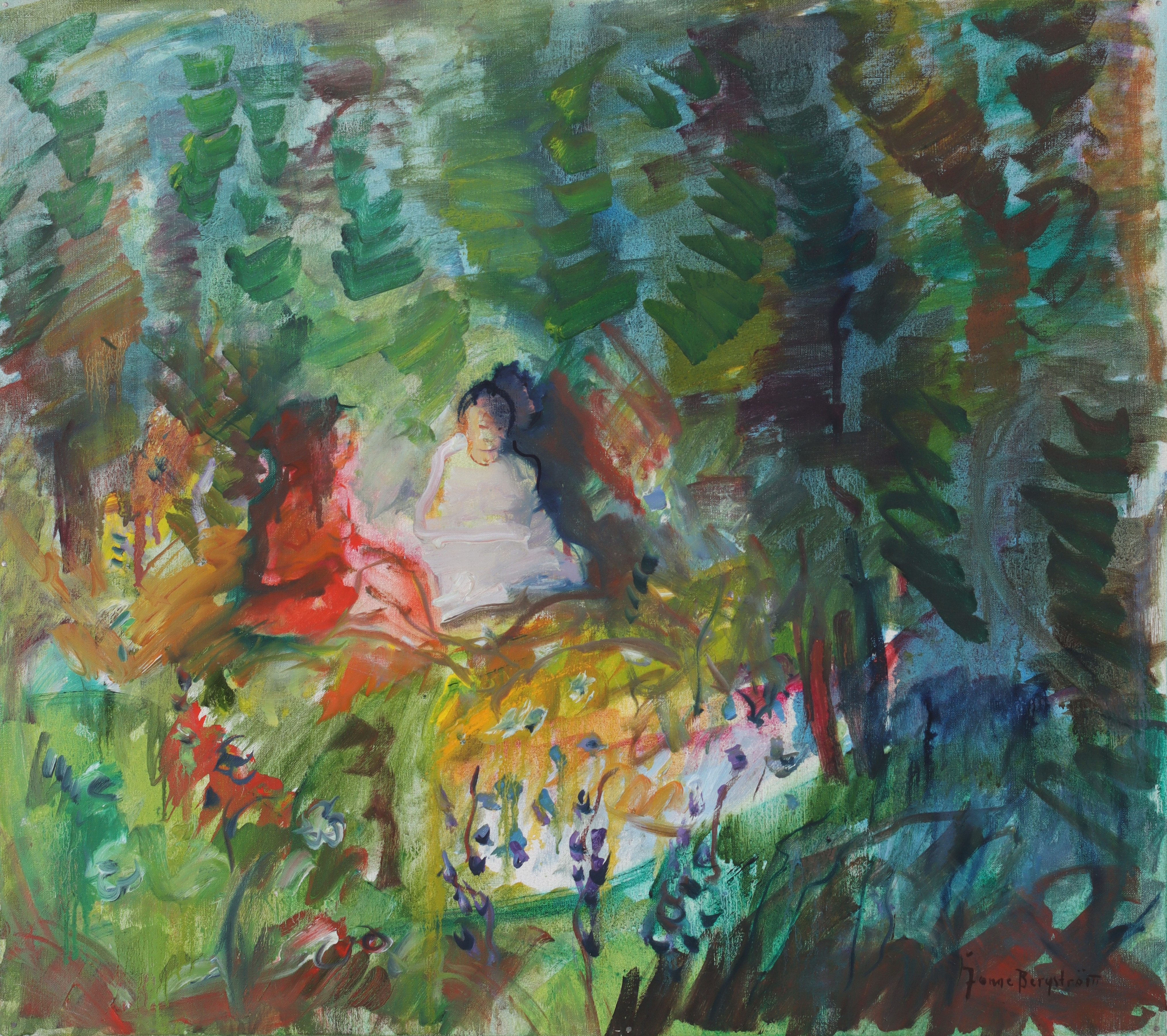 JONNE BERGSTRÖM. Picknick, olja på duk, signerad.