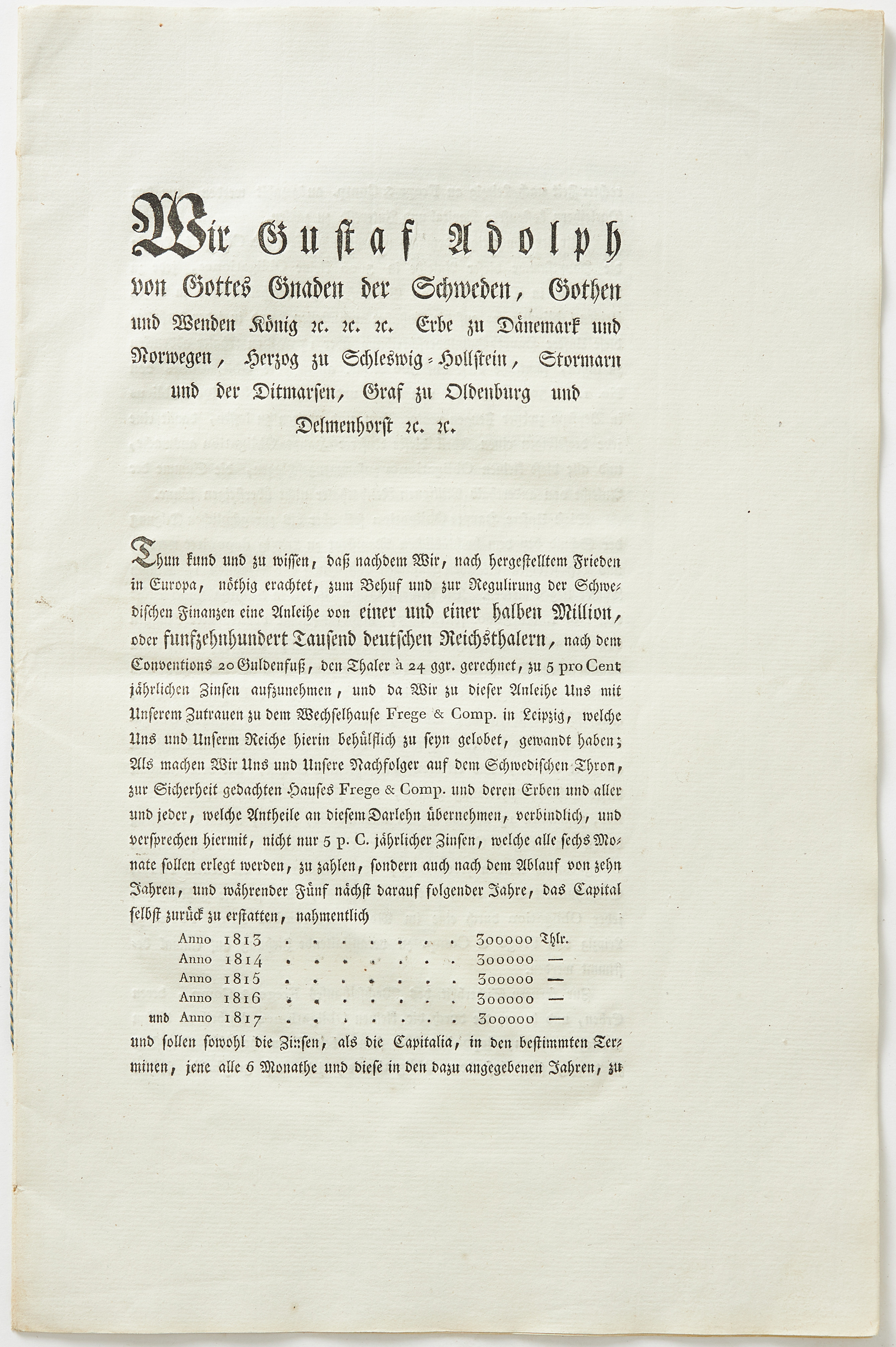 ROYAL SWEDISH BOND - GUSTAF ADOLPH IV OF SWEDEN, 1802.