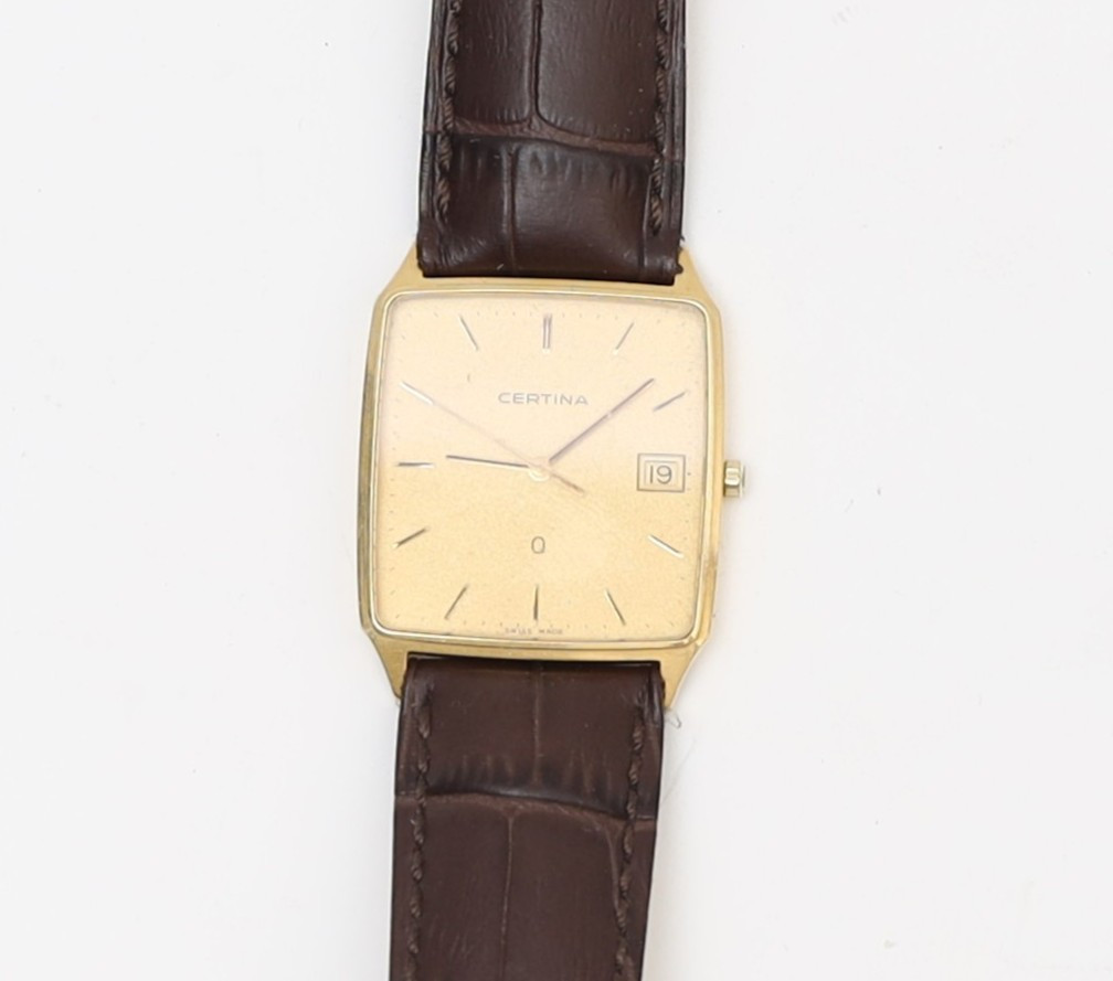 HERRARMBANDSUR, Certina, Quartz, 14k, armband av läder.