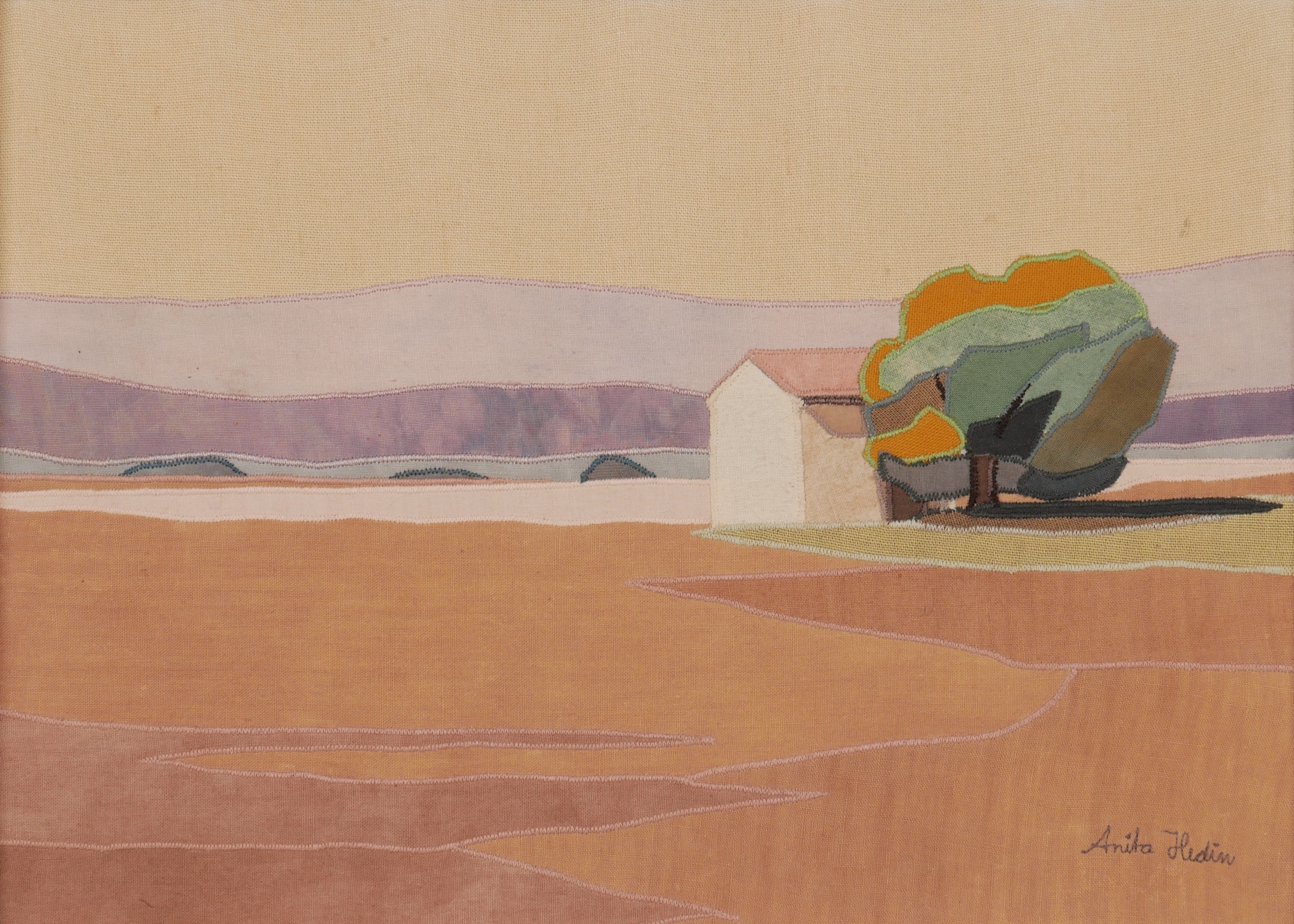 ANITA HEDIN. "Landskap Provence", textiltavla, signerad Anita Hedin, 1989.