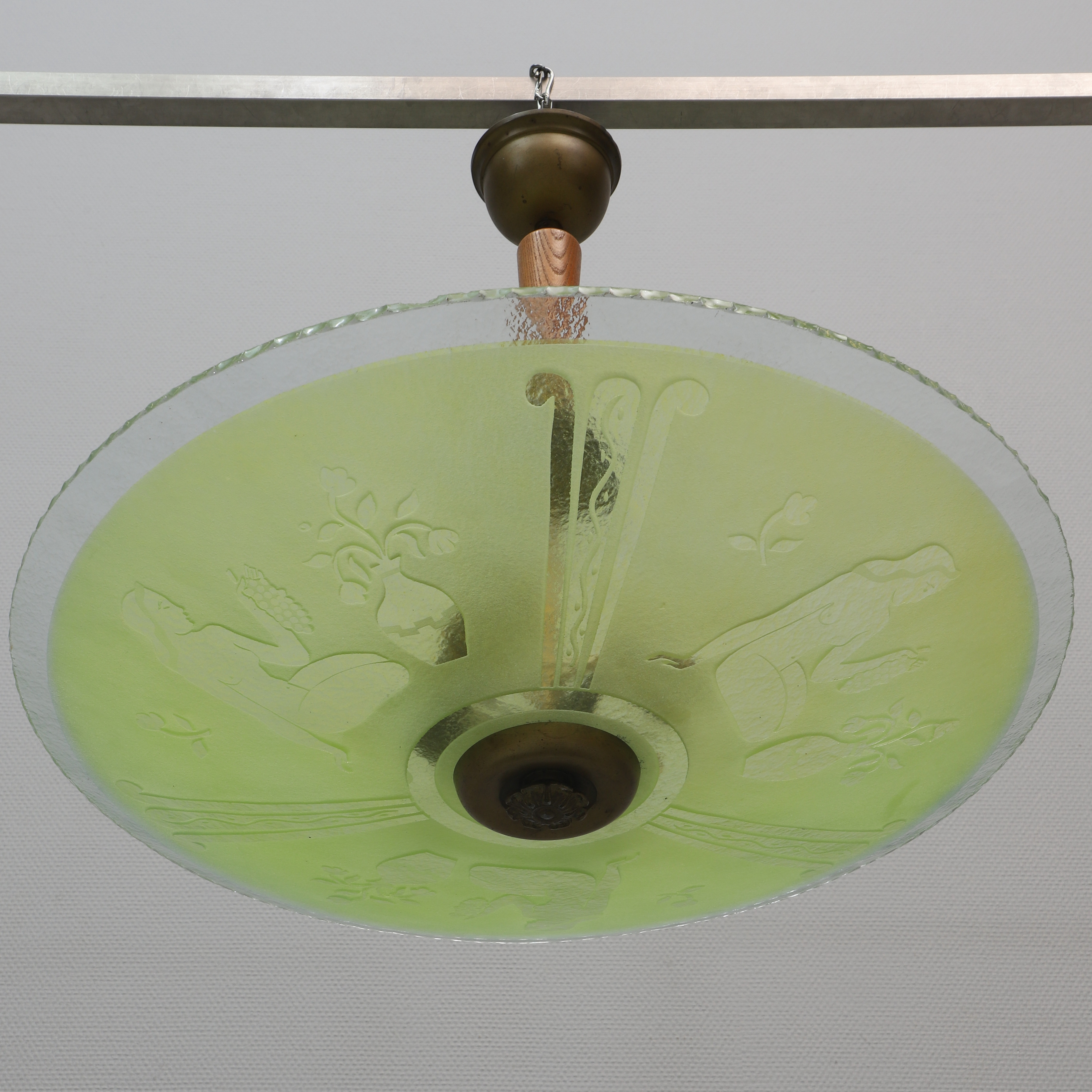 TAKLAMPA/PLAFOND, glas, teak & mässing, Swedish Grace, 1930-tal.