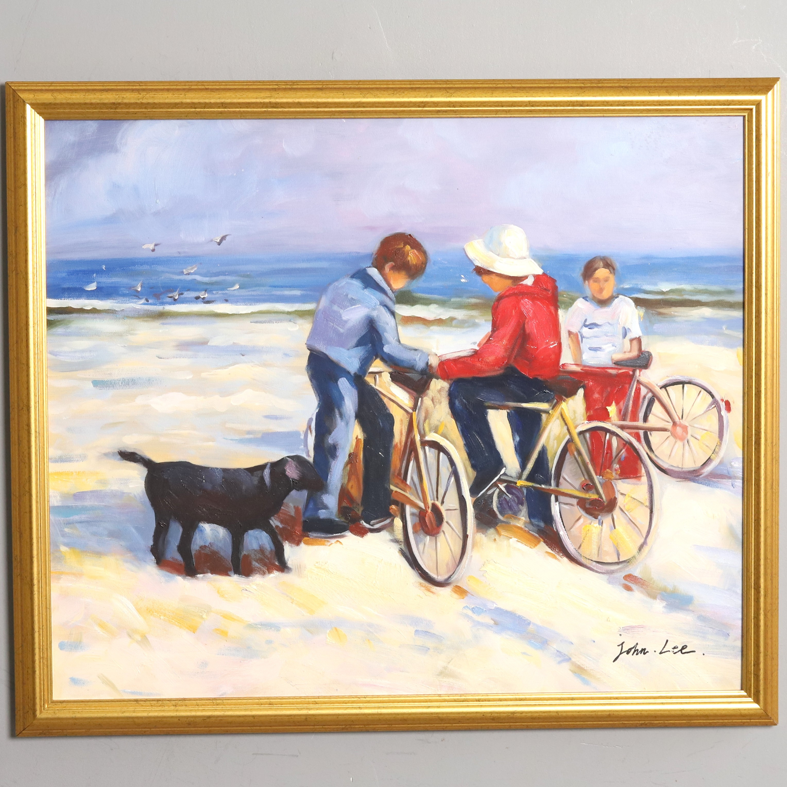 OIDENTIFIERAD KONSTNÄR. Olja på duk. "Cyklar på stranden", signerad John Lee.