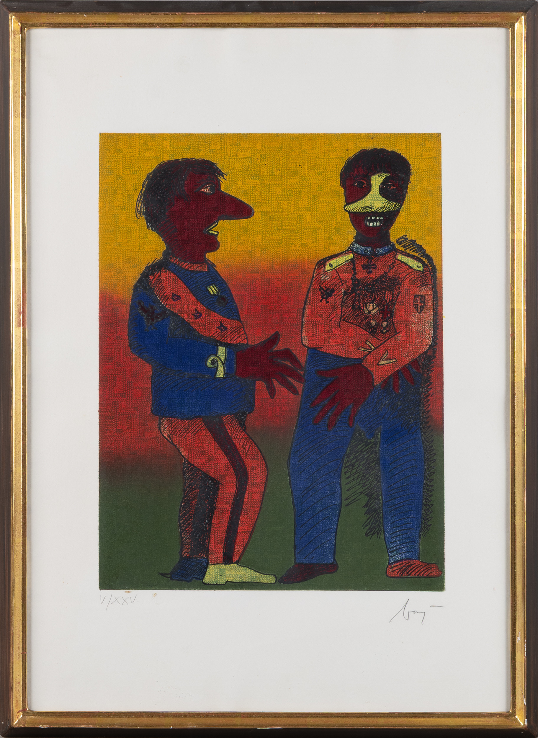 ENRICO BAJ. Figurkomposition, färglitografi.