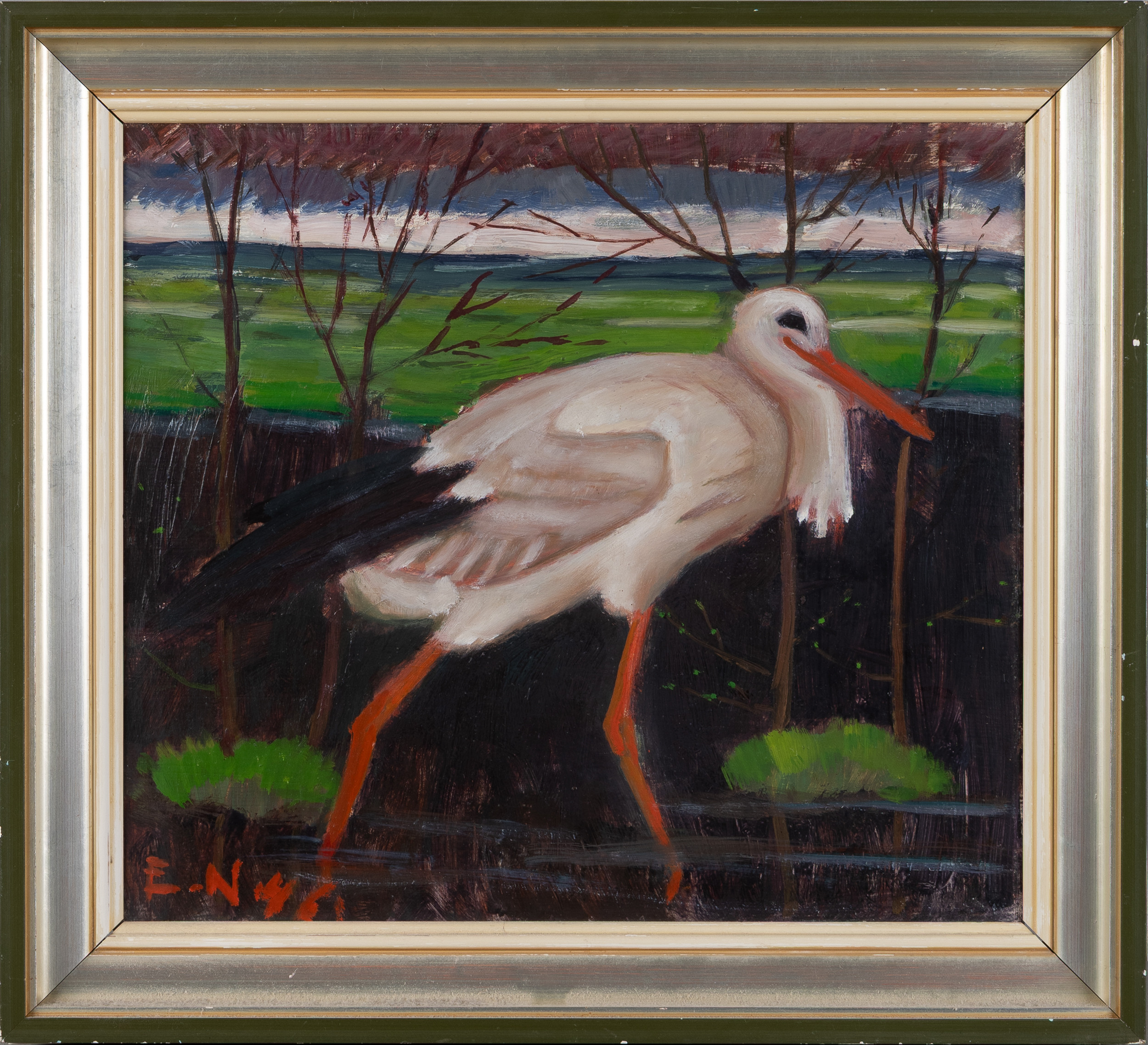 ERNST NORLIND. Stork i landskap, olja på pannå.